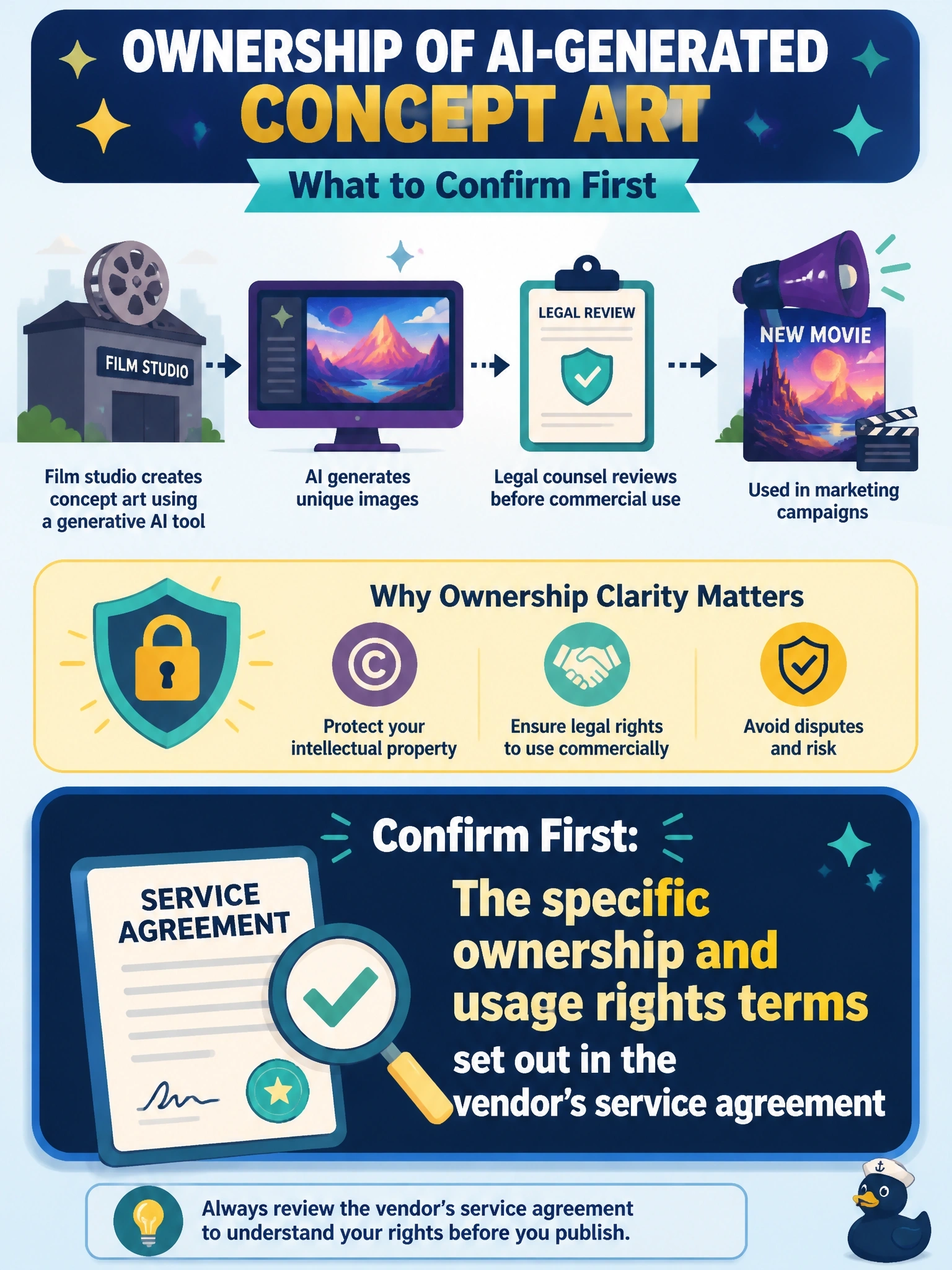 To Create an exciting colorful infographic that explains the concepts in the question: Question: A film studio uses a generative AI tool, built on Amazon Bedrock, to produce concept art for marketing campaigns. Before the studio uses the images commercially, legal counsel wants to confirm who owns the output. What should the governance lead confirm first? Correct Answer: The specific ownership and usage rights terms set out in the vendor's service agreement Put EVERY visible label in double quotes. No people. No A/B/C/D letters. In one of the four corners put a little "Navy Duck".
