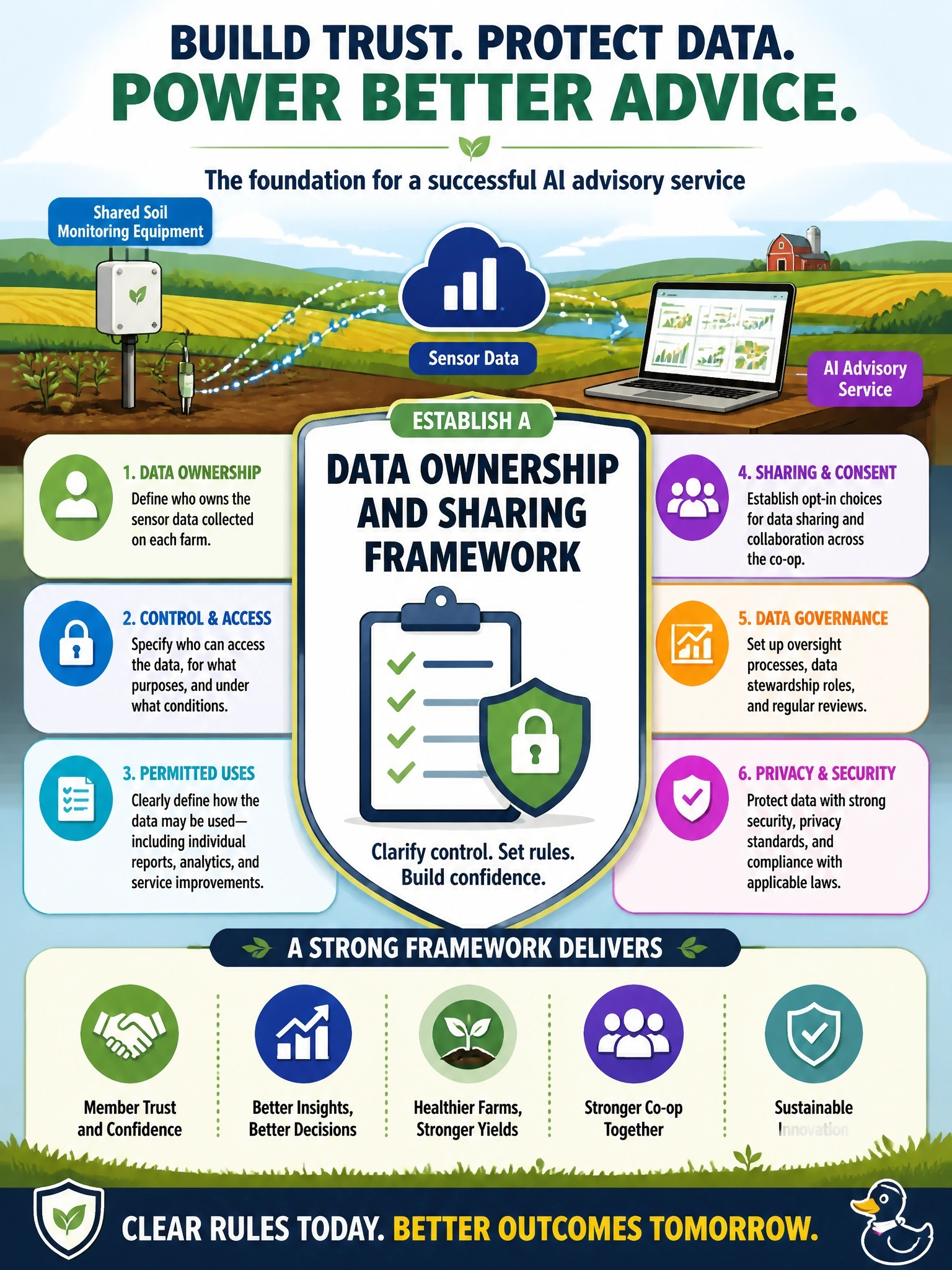 To Create an exciting colorful infographic that explains the concepts in the question: Question: A regional farming cooperative supplies member farms with shared soil-monitoring equipment. The co-op wants to launch an AI-based advisory service using the sensor data this equipment collects, but member farms disagree about who has rights to that data and whether the co-op can use it beyond generating individual farm reports. What should co-op leadership establish before proceeding? Correct Answer: A data ownership and sharing framework that clarifies who controls the data and how it may be used. Put EVERY visible label in double quotes. No people. No A/B/C/D letters. In one of the four corners put a little "Navy Duck".