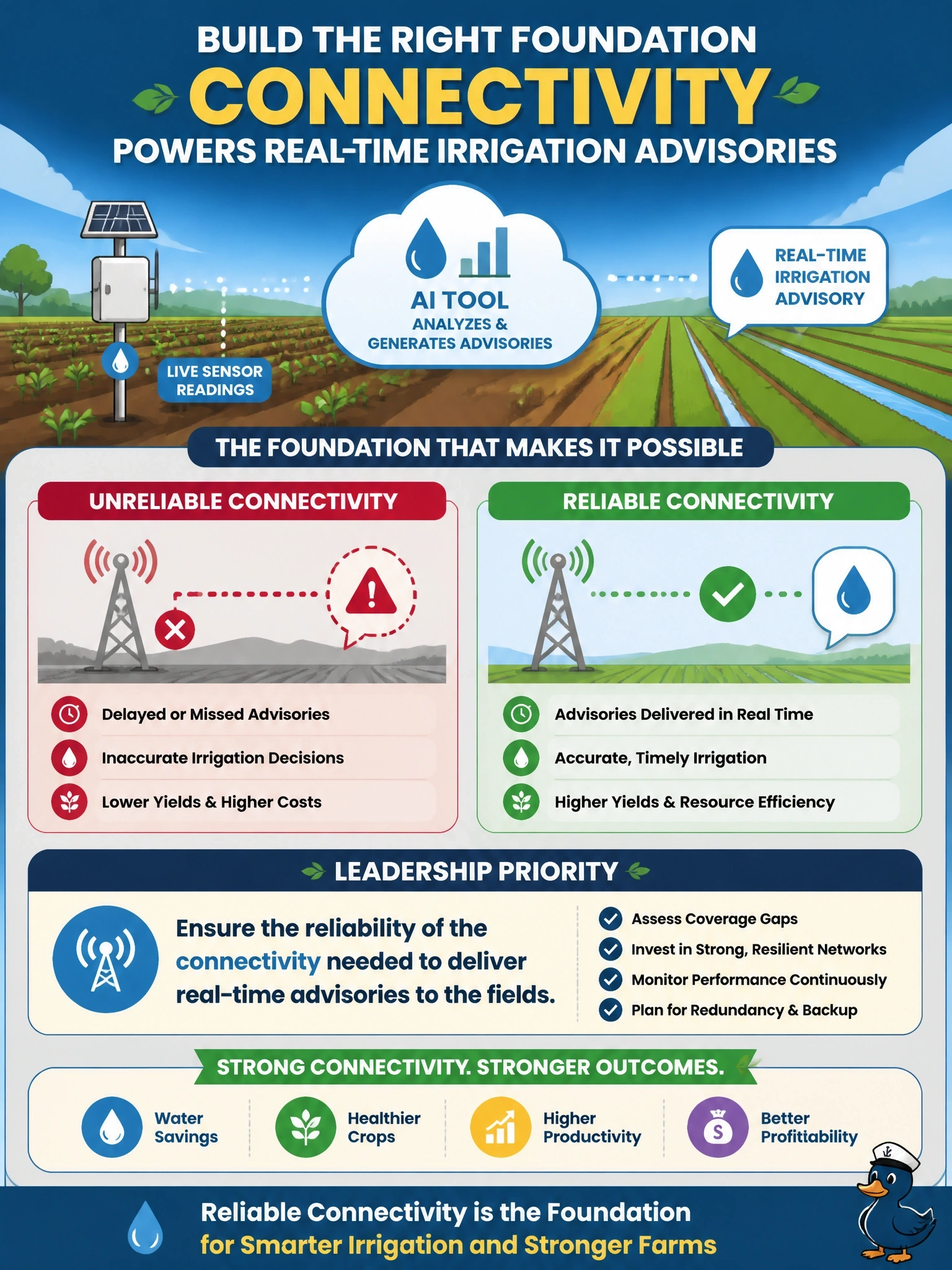To Create an exciting colorful infographic that explains the concepts in the question: Question: An agribusiness wants to deploy an AI tool that sends real-time irrigation advisories to field workers based on live sensor readings, but many of its fields are in areas with unreliable internet connectivity. What is the most important foundational gap for leadership to address before scaling this initiative? Correct Answer: The reliability of the connectivity needed to deliver real-time advisories to the fields. Put EVERY visible label in double quotes. No people. No A/B/C/D letters. In one of the four corners put a little "Navy Duck".