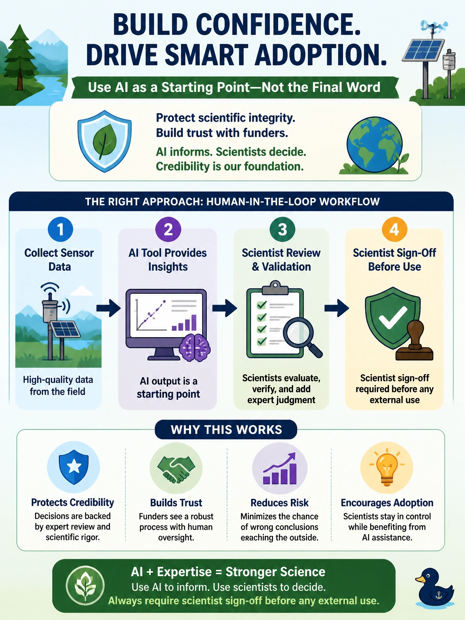To Create an exciting colorful infographic that explains the concepts in the question: Question: An environmental nonprofit's field scientists are hesitant to use a new AI tool for analyzing sensor data, worried that an AI-driven conclusion could be wrong and damage the organization's scientific credibility with funders. Leadership wants to address this risk aversion without discouraging eventual adoption. What is the best leadership intervention? Correct Answer: Position the AI tool's output as a starting point for scientist review rather than a final conclusion, and require scientist sign-off before any external use. Put EVERY visible label in double quotes. No people. No A/B/C/D letters. In one of the four corners put a little "Navy Duck".