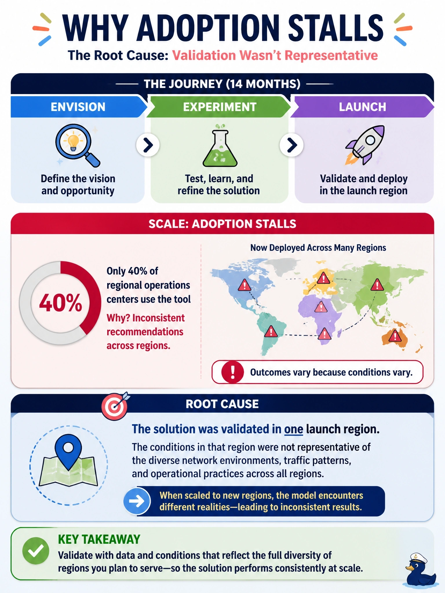 To Create an exciting colorful infographic that explains the concepts in the question: Question: A telecom provider's network-fault-prediction AI moved through envision, experiment, and launch phases over 14 months. During scale, adoption stalls: only 40% of regional operations centers use the tool, citing inconsistent recommendations compared to the original launch region. What is most likely the underlying cause? Correct Answer: The launch phase validated the solution against conditions that were not representative of every region now included in scale. Put EVERY visible label in double quotes. No people. No A/B/C/D letters. In one of the four corners put a little "Navy Duck".