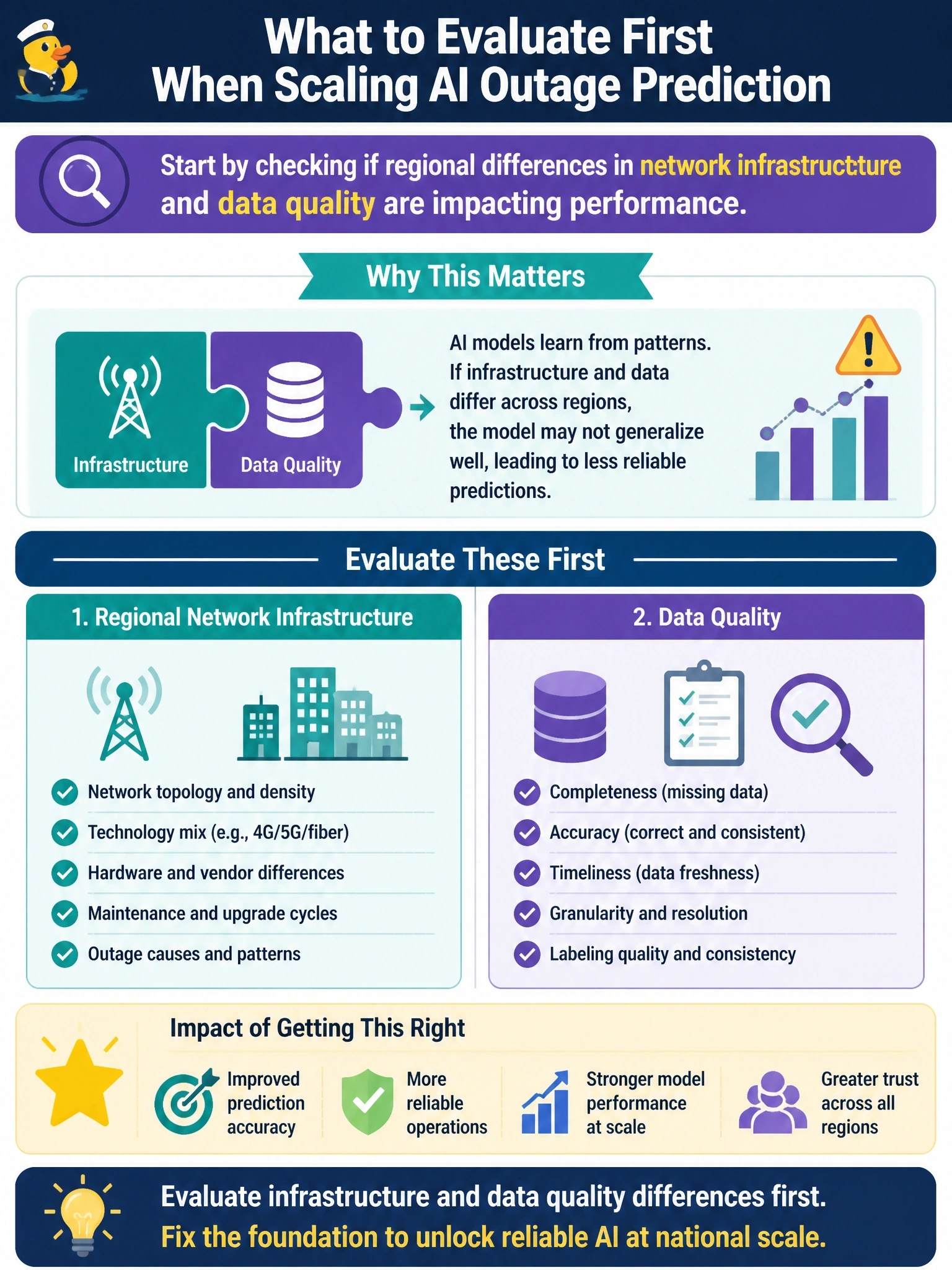 To Create an exciting colorful infographic that explains the concepts in the question: Question: A telecom is scaling an AI-based outage-prediction tool from one region to a national deployment. During scaling, engineering teams in newly onboarded regions report the tool's predictions are less reliable than in the original region. What should the transformation lead evaluate first? Correct Answer: Whether differences in regional network infrastructure and data quality are affecting the tool's performance as it scales. Put EVERY visible label in double quotes. No people. No A/B/C/D letters. In one of the four corners put a little "Navy Duck".