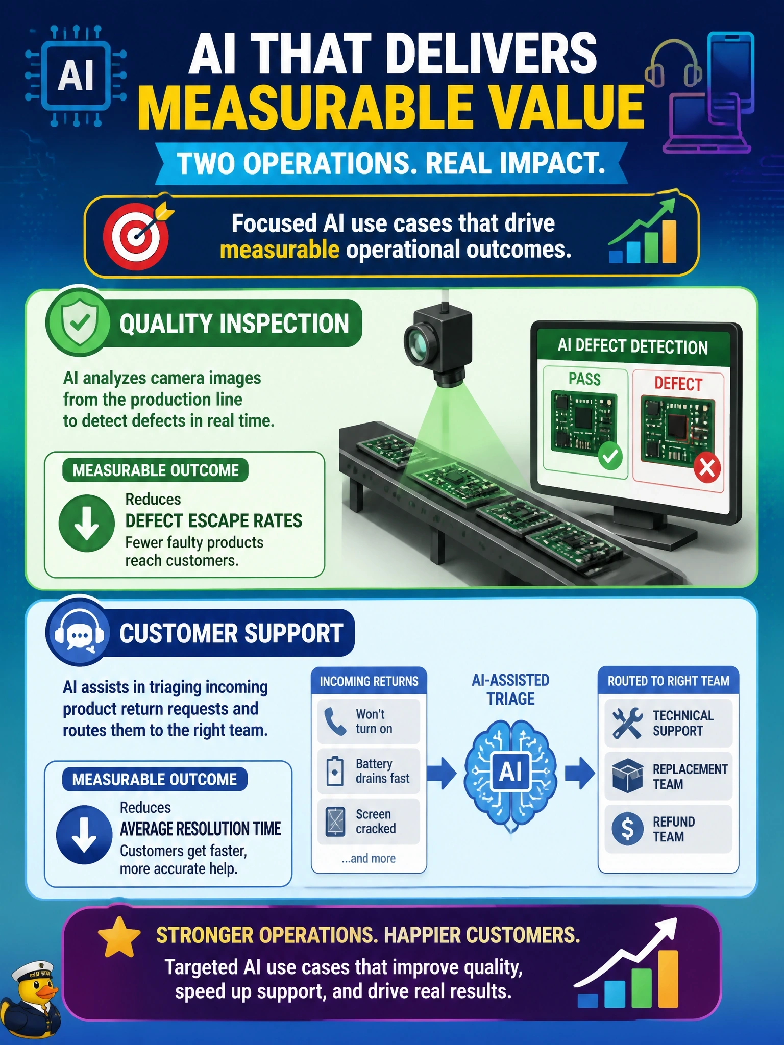 To Create an exciting colorful infographic that explains the concepts in the question: Question: A consumer electronics manufacturer is evaluating where AI could create the most business value across its operations. Select the TWO business functions below where an AI use case maps most directly to a measurable operational outcome, based on the descriptions given. (Select TWO.) Correct Answer: Quality inspection, where AI analysis of camera images from the line could reduce defect escape rates.; Customer support, where AI-assisted triage of incoming product return requests could reduce average resolution time. Put EVERY visible label in double quotes. No people. No A/B/C/D letters. In one of the four corners put a little "Navy Duck".