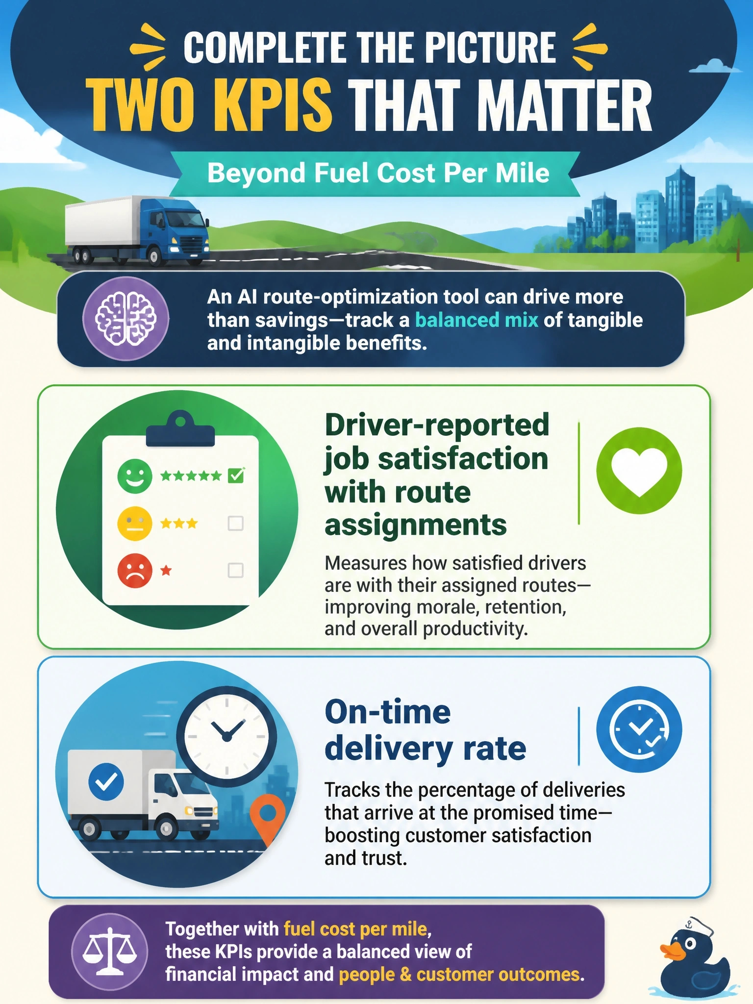 To Create an exciting colorful infographic that explains the concepts in the question: Question: A freight carrier is piloting an AI route-optimization tool built on Amazon SageMaker AI. The program sponsor wants a balanced KPI set covering both tangible and intangible benefits. Select TWO KPIs that would appropriately round out the set alongside "fuel cost per mile." (Select TWO.) Correct Answer: Driver-reported job satisfaction with route assignments; On-time delivery rate Put EVERY visible label in double quotes. No people. No A/B/C/D letters. In one of the four corners put a little "Navy Duck".