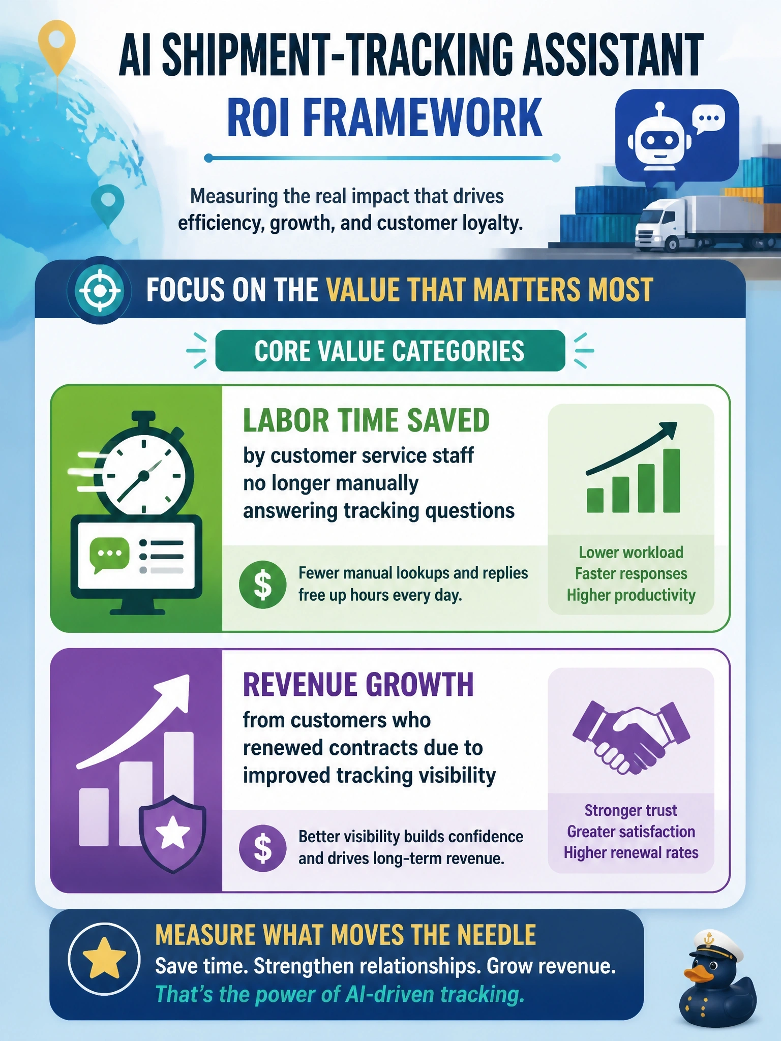 To Create an exciting colorful infographic that explains the concepts in the question: Question: A logistics company is building an ROI framework for an AI shipment-tracking assistant. Select TWO value categories that belong in a comprehensive ROI framework. (Select TWO.) Correct Answer: Labor time saved by customer service staff no longer manually answering tracking questions; Revenue growth from customers who renewed contracts due to improved tracking visibility Put EVERY visible label in double quotes. No people. No A/B/C/D letters. In one of the four corners put a little "Navy Duck".
