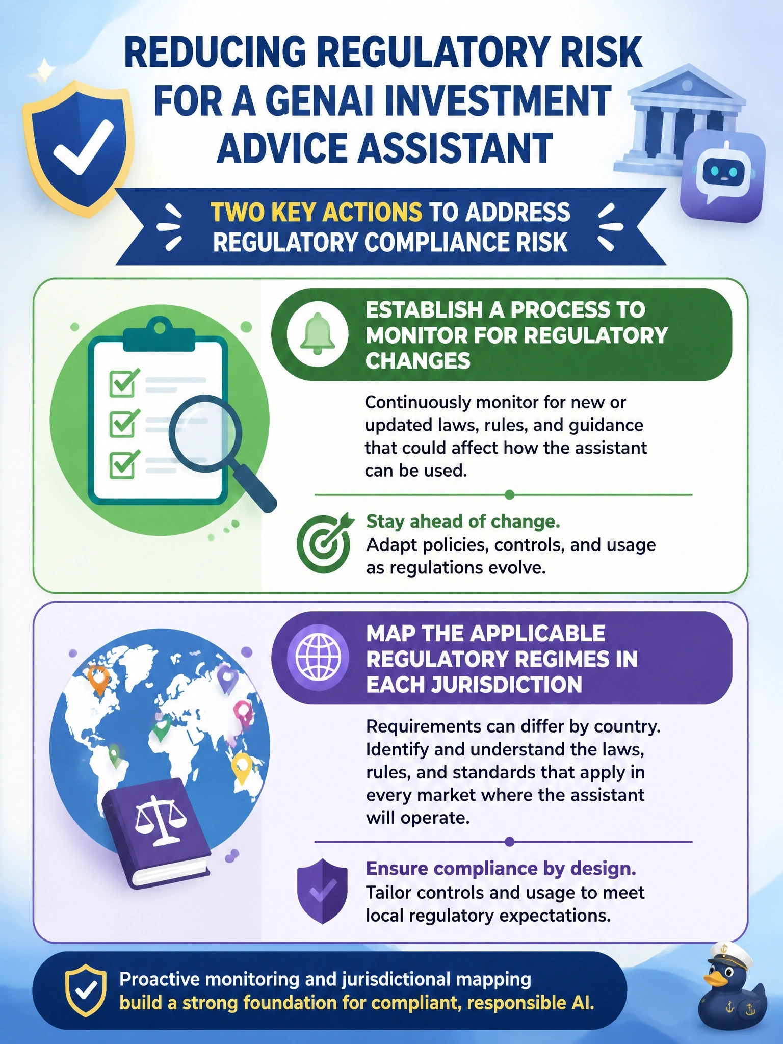 To Create an exciting colorful infographic that explains the concepts in the question: Question: A multinational bank's compliance team is assessing regulatory risk for a new GenAI-based investment-advice assistant that will operate in several countries. Select the TWO actions that appropriately address regulatory compliance risk. (Select TWO.) Correct Answer: Establish a process to monitor for regulatory changes that could affect the assistant's use over time.; Map the applicable regulatory regimes in each jurisdiction where the assistant will operate, since requirements can differ by country. Put EVERY visible label in double quotes. No people. No A/B/C/D letters. In one of the four corners put a little "Navy Duck".