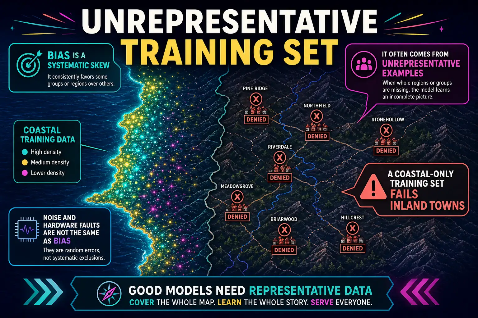 To Create an exciting colorful infographic that explains the concepts in the question: Question: A flood-insurance screen was trained only on claims from one coastal county, then applied statewide, including inland river towns. Inland applications are denied at a much higher rate even when the stated loss facts match coastal ones. What problem does this describe? Correct Answer: Bias from an unrepresentative training set Put EVERY visible label in double quotes. No people. No A/B/C/D letters. In one of the four corners put a little "Navy Duck".
