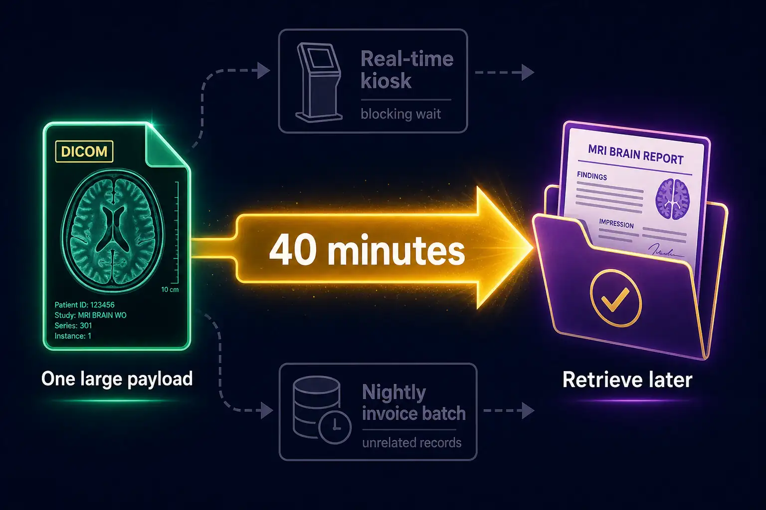 To Create an exciting colorful infographic that explains the concepts in the question: Question: A veterinary hospital submits one 4-gigabyte MRI study for a specialist model. The study takes about 40 minutes to score, and the radiologist picks up the result later in the patient chart. The hospital is not waiting at a kiosk, and it is not mixing this study into a nightly pile of unrelated invoices. Which inference style fits? Correct Answer: Asynchronous inference for a long-running, large individual payload with a deferred result. Put EVERY visible label in double quotes. No people. No A/B/C/D letters. In one of the four corners put a little "Navy Duck".