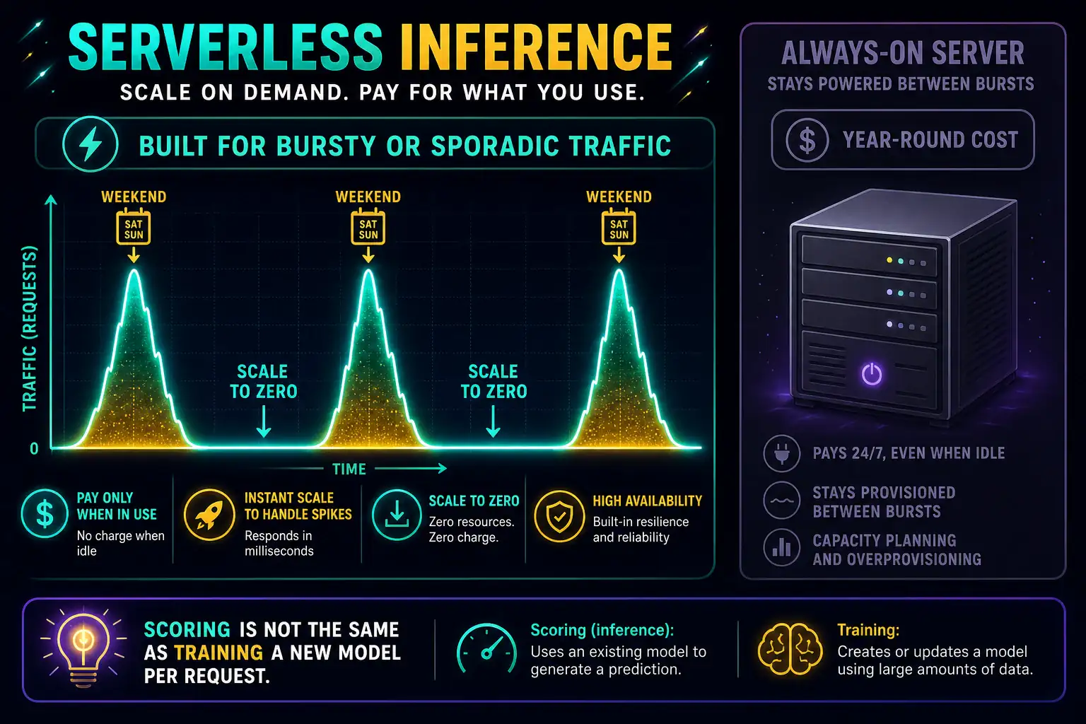 To Create an exciting colorful infographic that explains the concepts in the question: Question: A county fair runs a photo-scoring booth only three weekends a year. Traffic spikes for those days and is otherwise zero. The team does not want to pay for an always-on dedicated host in January. Which inference hosting style fits? Correct Answer: Serverless inference that can scale to zero between bursts. Put EVERY visible label in double quotes. No people. No A/B/C/D letters. In one of the four corners put a little "Navy Duck".