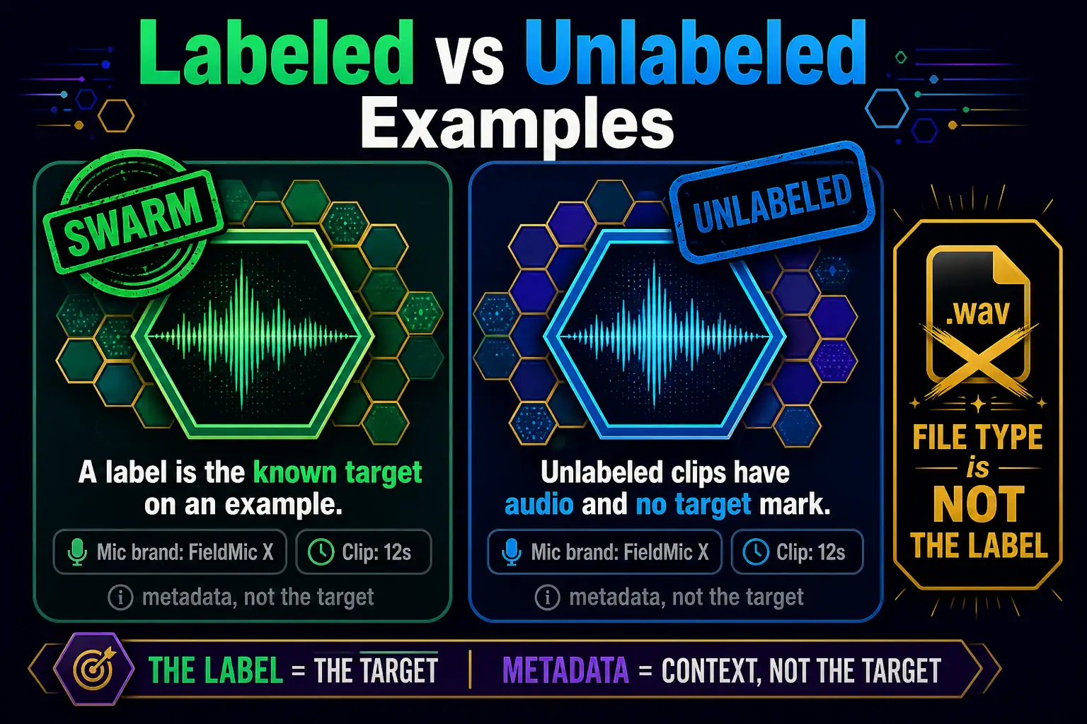 To Create an exciting colorful infographic that explains the concepts in the question: Question: A beekeeper records hive audio. For some clips an apiarist has already marked swarm or calm. A new intern says those marks are just the file type, such as MP3 versus WAV. What is the label on each example? Correct Answer: The known target value on that example, such as swarm or calm. Put EVERY visible label in double quotes. No people. No A/B/C/D letters. In one of the four corners put a little "Navy Duck".