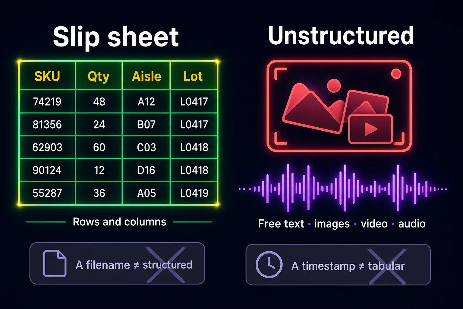 To Create an exciting colorful infographic that explains the concepts in the question: Question: A marina keeps a slip spreadsheet with berth ID, length, monthly fee, and occupancy. It also keeps dock-camera video and VHF radio recordings. Which statement correctly names the data types? Correct Answer: The spreadsheet is structured data; the video and radio recordings are unstructured data. Put EVERY visible label in double quotes. No people. No A/B/C/D letters. In one of the four corners put a little "Navy Duck".