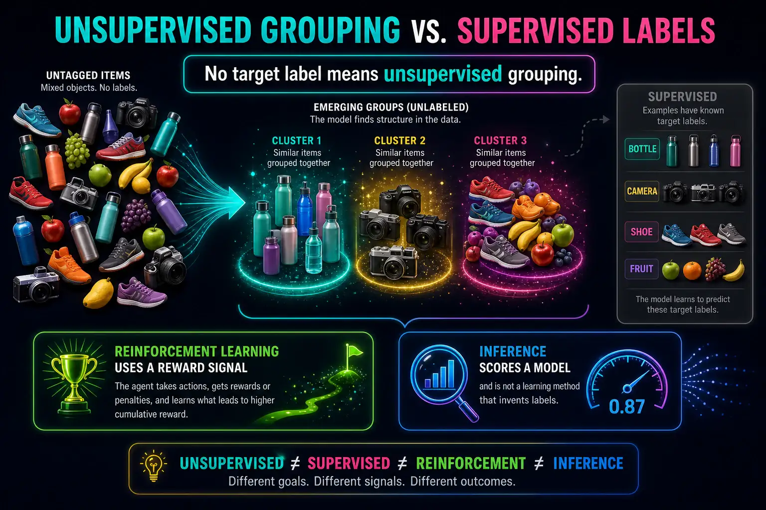 To Create an exciting colorful infographic that explains the concepts in the question: Question: A thrift warehouse has thousands of donation photos and no category tags. The team wants the system to discover groups of visually similar items so staff can invent aisle names later. They are not training a reward-seeking robot. Which learning approach fits? Correct Answer: Unsupervised learning, because there is no target label on each photo. Put EVERY visible label in double quotes. No people. No A/B/C/D letters. In one of the four corners put a little "Navy Duck".