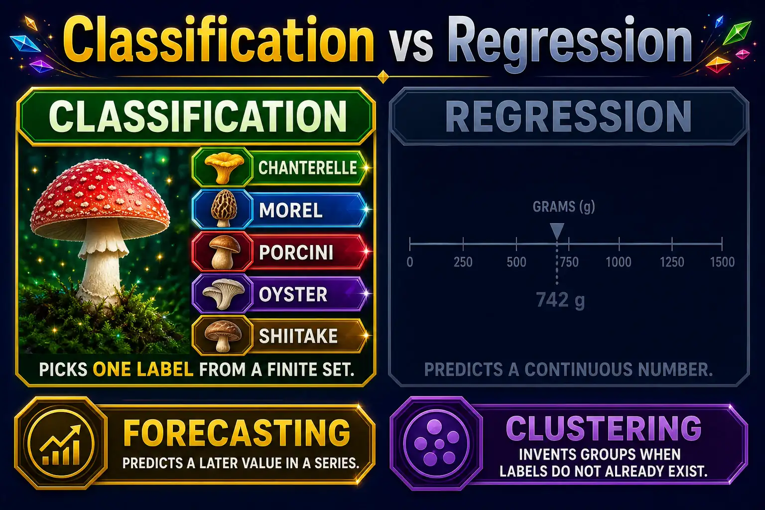 To Create an exciting colorful infographic that explains the concepts in the question: Question: A field-guide app must assign each mushroom photo to one of five edibility classes: edible, choice, inedible, toxic, or unknown. It must not output a weight in grams. Which technique should the team use? Correct Answer: Classification, because the target is a finite set of labels. Put EVERY visible label in double quotes. No people. No A/B/C/D letters. In one of the four corners put a little "Navy Duck".