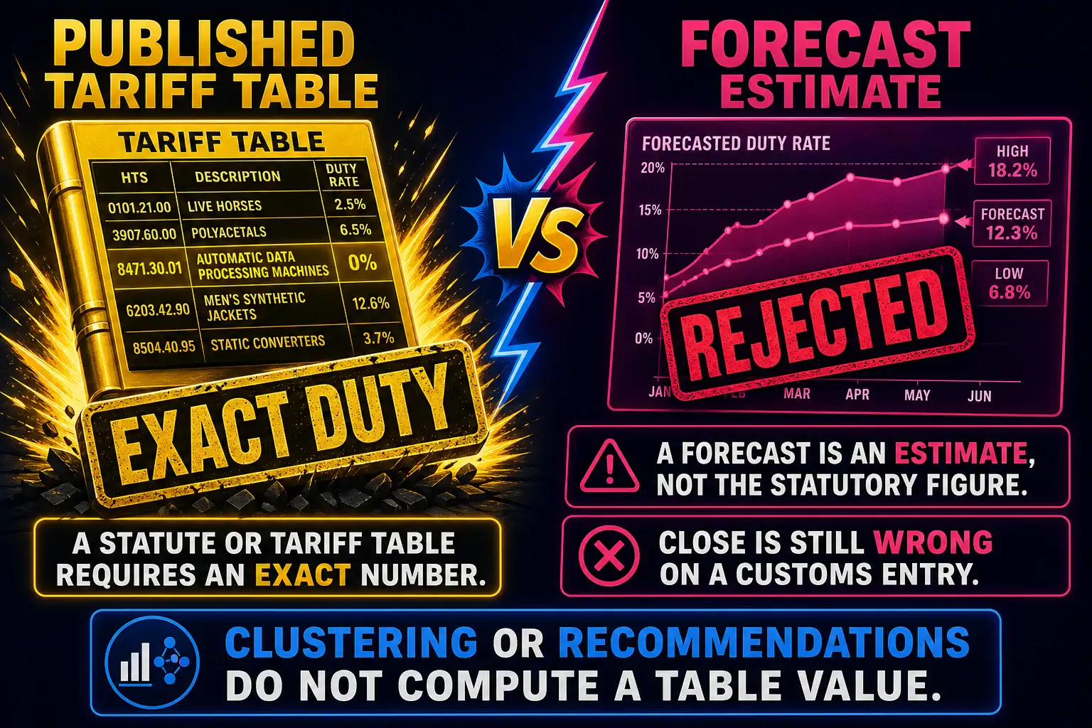 To Create an exciting colorful infographic that explains the concepts in the question: Question: A customs broker must compute duty on a shipment from a published Harmonized System tariff table. The entry is rejected if the dollar amount is not the exact statutory figure. A data scientist offers a model that forecasts duty from last year's invoices. Which action should the broker take? Correct Answer: Decline the model; look up the published table and compute the exact statutory amount. Put EVERY visible label in double quotes. No people. No A/B/C/D letters. In one of the four corners put a little "Navy Duck".
