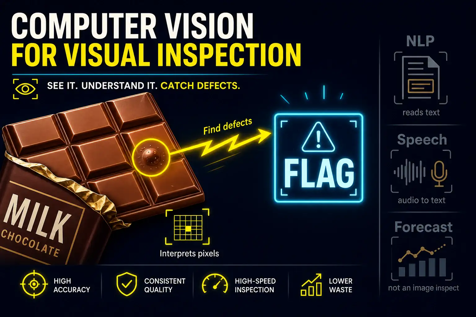 To Create an exciting colorful infographic that explains the concepts in the question: Question: A chocolate factory wants software that looks at bar photos on the wrapping line and flags air-bubble defects. Which capability matches the job? Correct Answer: Computer vision for visual inspection of images. Put EVERY visible label in double quotes. No people. No A/B/C/D letters. In one of the four corners put a little "Navy Duck".