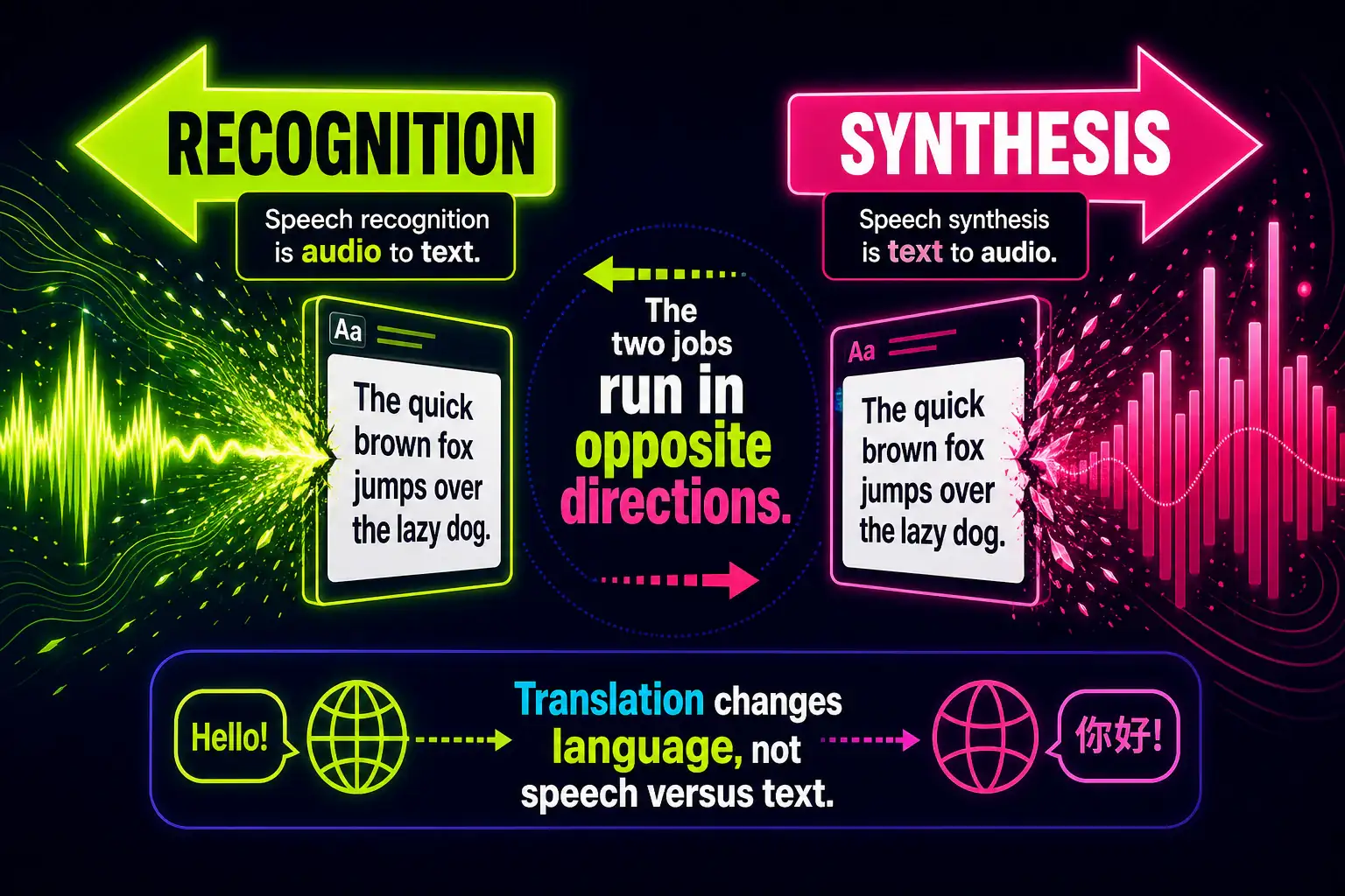 To Create an exciting colorful infographic that explains the concepts in the question: Question: A ski-patrol desk records radio calls and needs searchable text logs. A trail kiosk will later read short hazard alerts aloud from written scripts. Which pairing names the two speech jobs correctly? Correct Answer: Radio calls to logs is speech recognition (audio to text). Kiosk alerts are speech synthesis (text to audio). Put EVERY visible label in double quotes. No people. No A/B/C/D letters. In one of the four corners put a little "Navy Duck".