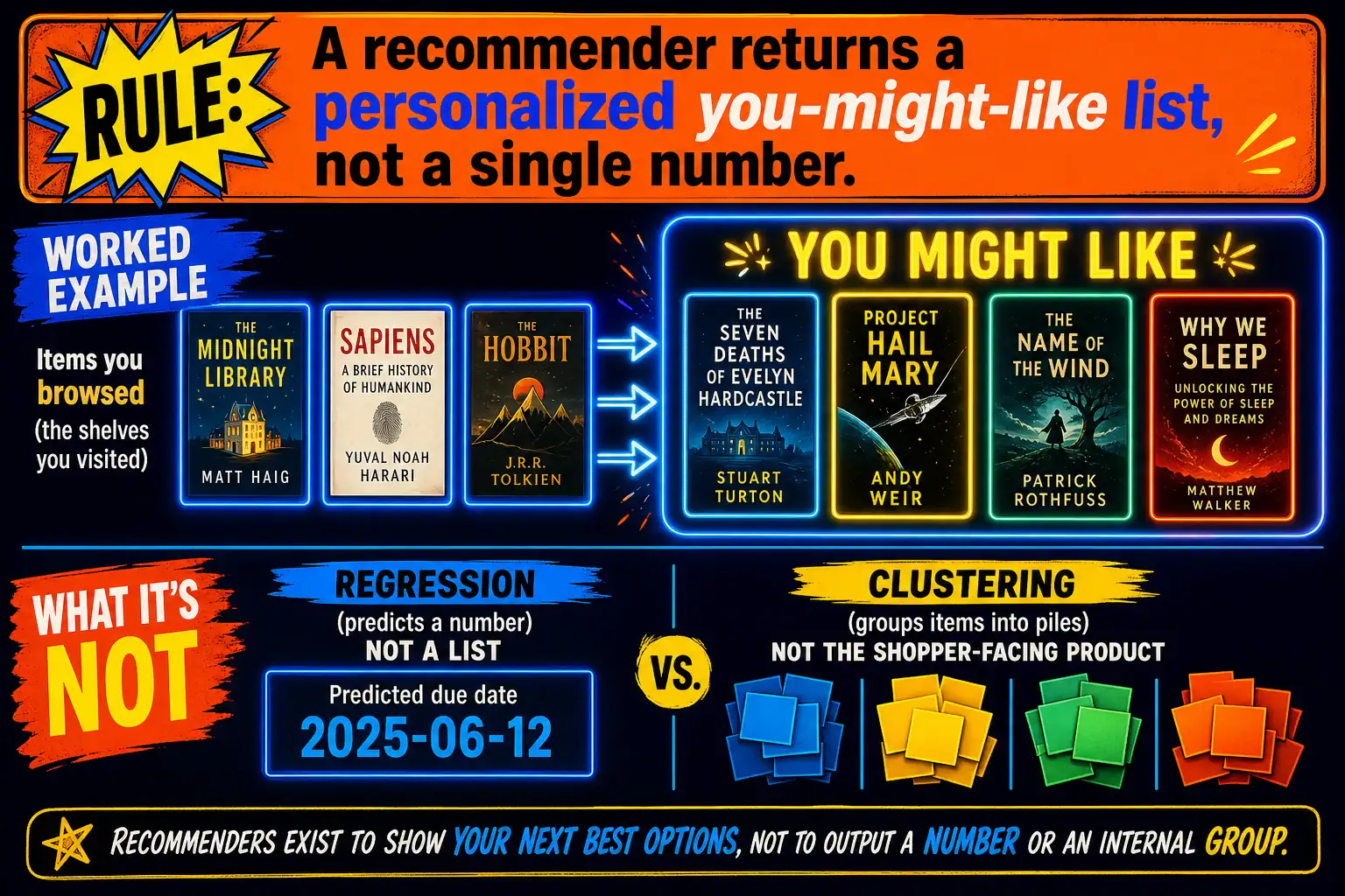 To Create an exciting colorful infographic that explains the concepts in the question: Question: A used-bookstore site wants each shopper to see a short list of titles they might like after browsing three shelves. The team is not predicting a due date and is not treating unlabeled clusters as the finished product. Which application is this? Correct Answer: A recommendation system that produces a personalized you-might-like list. Put EVERY visible label in double quotes. No people. No A/B/C/D letters. In one of the four corners put a little "Navy Duck".