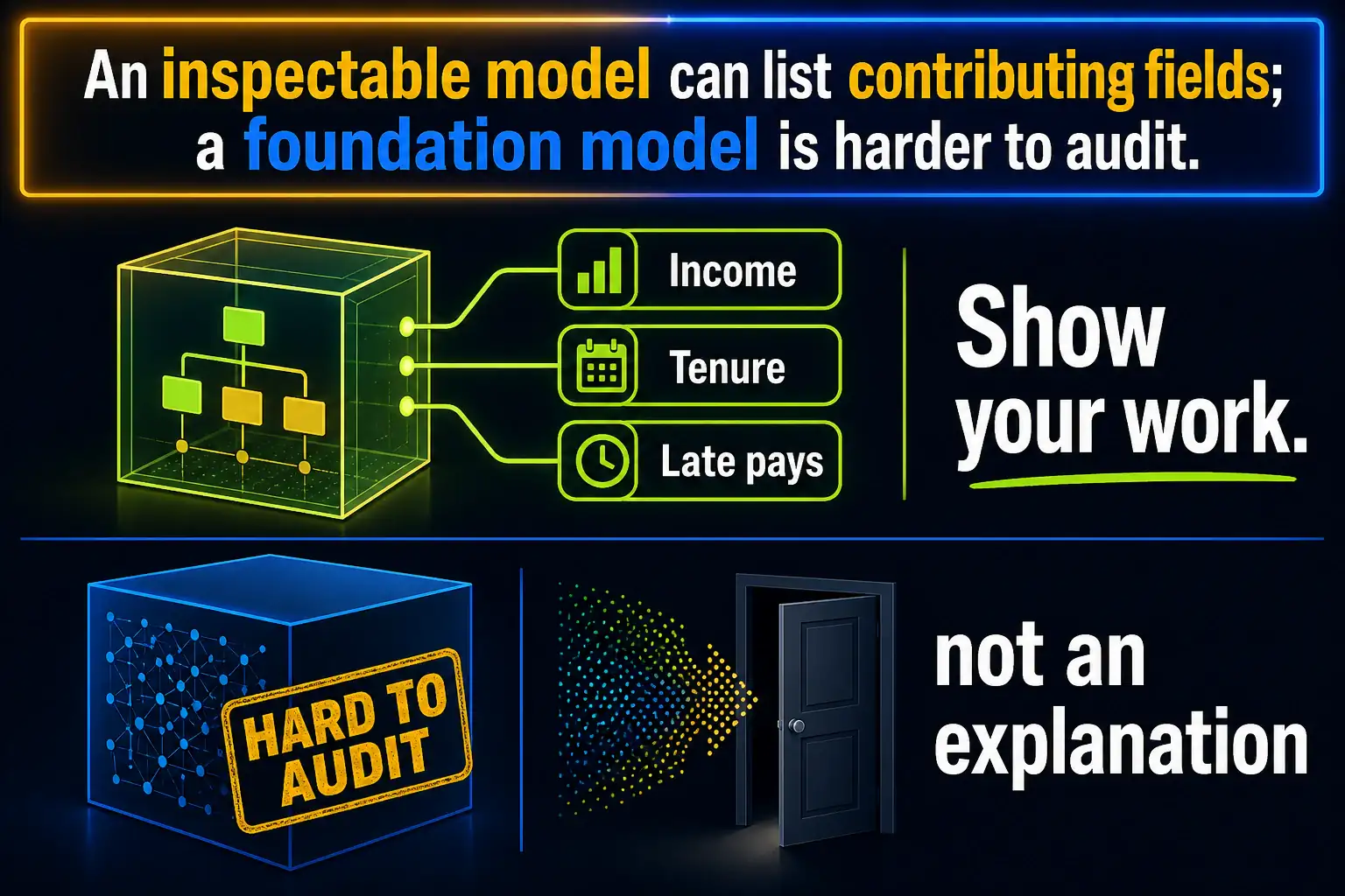 To Create an exciting colorful infographic that explains the concepts in the question: Question: A volunteer-fire grant office must later explain each denied hose-replacement request to a state auditor using a short list of contributing fields. The office is not asking the system to draft open-ended letters or read diagrams. Which approach fits? Correct Answer: A small, inspectable traditional machine-learning model whose contributing fields can be shown. Put EVERY visible label in double quotes. No people. No A/B/C/D letters. In one of the four corners put a little "Navy Duck".
