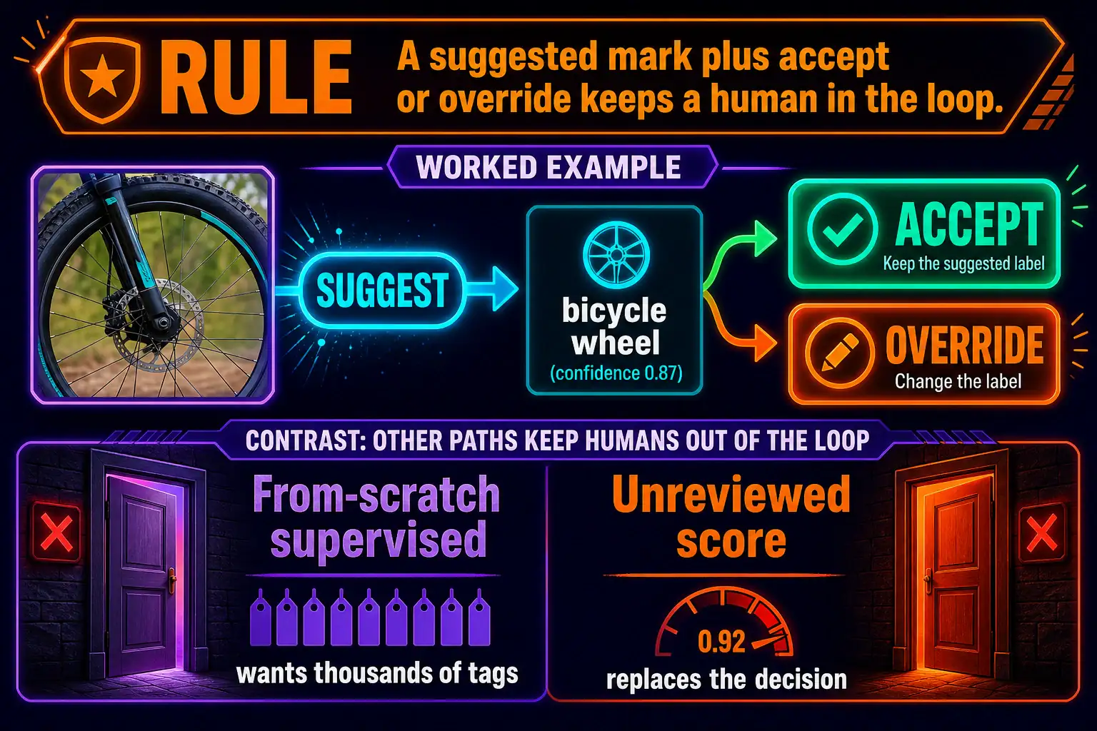 To Create an exciting colorful infographic that explains the concepts in the question: Question: A bicycle-share depot can label only 35 bent-wheel photos this month. Leadership still wants a junior mechanic to see a suggested mark and then accept or override it. They do not want a from-scratch model that needs thousands of new labels. Which approach fits? Correct Answer: A human-in-the-loop assistant, or a pretrained vision service, with the mechanic reviewing each mark. Put EVERY visible label in double quotes. No people. No A/B/C/D letters. In one of the four corners put a little "Navy Duck".