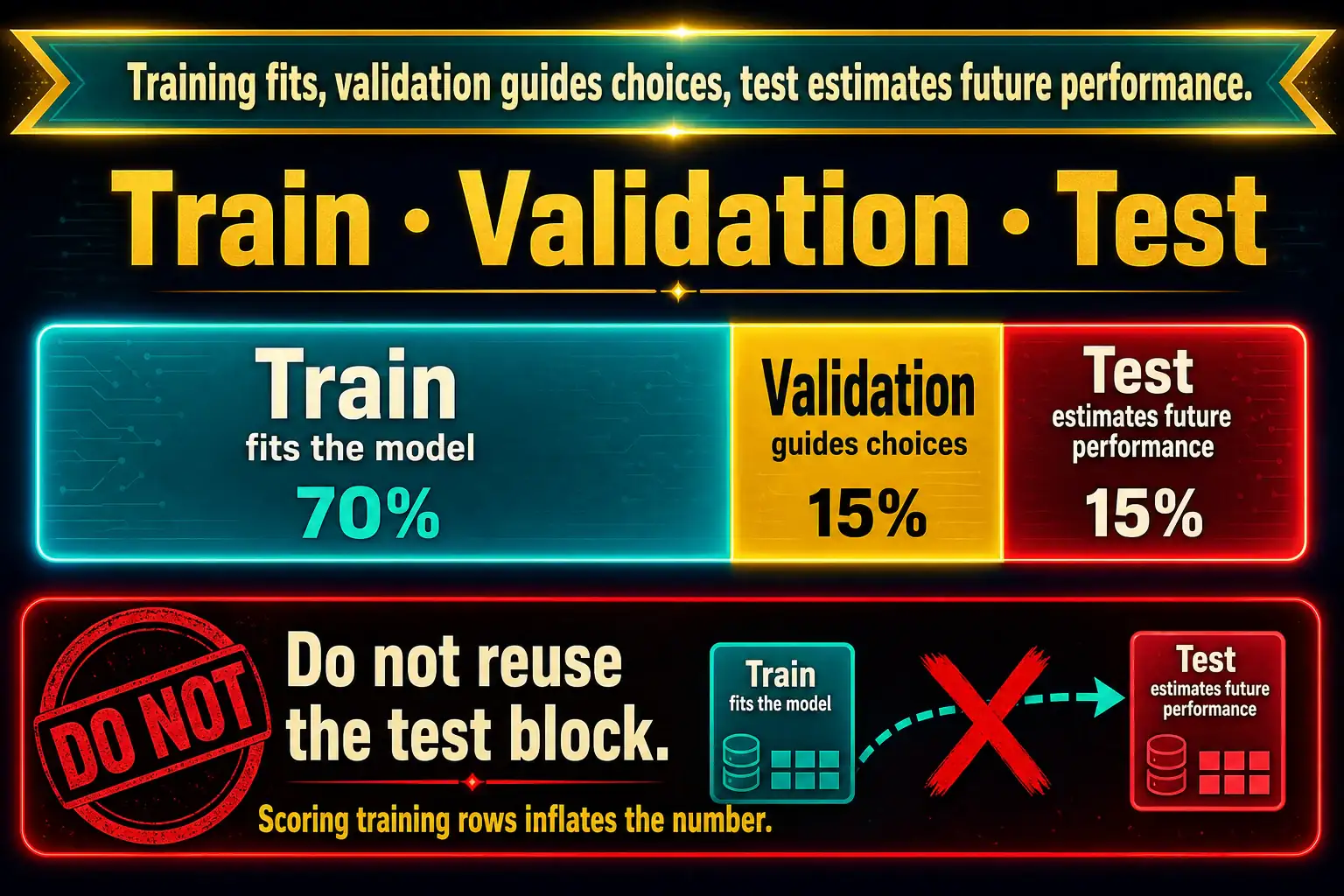 To Create an exciting colorful infographic that explains the concepts in the question: Question: A community-choir attendance model looks excellent because the same holiday-concert weekends were used both to fit it and to announce its score. The director wants a number that estimates how it will do on future weekends it has not seen. What should the team do? Correct Answer: Hold out a test slice, and a validation slice for model choices, that the fitting step never saw. Put EVERY visible label in double quotes. No people. No A/B/C/D letters. In one of the four corners put a little "Navy Duck".