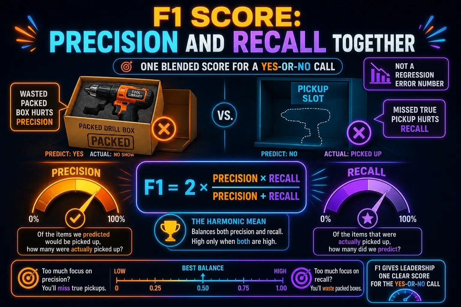 To Create an exciting colorful infographic that explains the concepts in the question: Question: A tool library packs a loaner drill only if a member is predicted to pick it up. A wasted packed box and a missed true no-show both hurt. Leadership wants one blended score for this yes-or-no call, not a regression error number. Which metric should they use? Correct Answer: F1 score, the harmonic balance of precision and recall. Put EVERY visible label in double quotes. No people. No A/B/C/D letters. In one of the four corners put a little "Navy Duck".