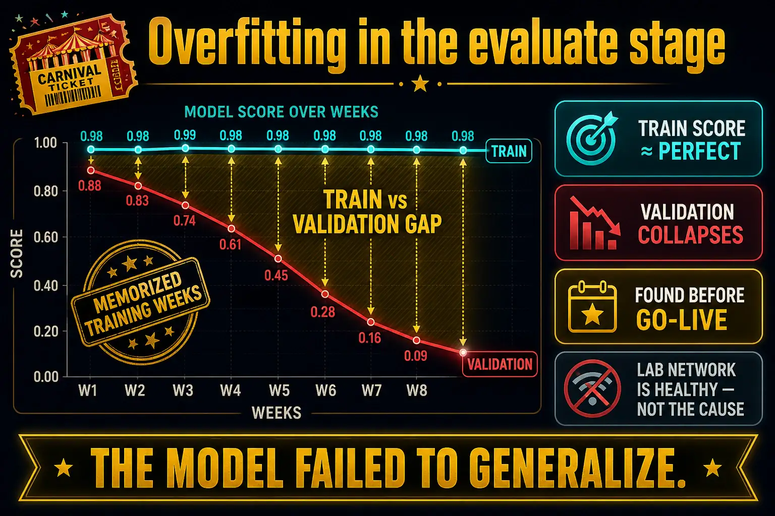 To Create an exciting colorful infographic that explains the concepts in the question: Question: During evaluation, a carnival ticket-fraud model scores almost perfectly on the training weeks and collapses on the validation weeks. The gap appears before go-live. The network that hosts the lab is healthy. What is the team seeing? Correct Answer: Overfitting discovered in the evaluate stage: the model memorized training weeks and failed to generalize. Put EVERY visible label in double quotes. No people. No A/B/C/D letters. In one of the four corners put a little "Navy Duck".
