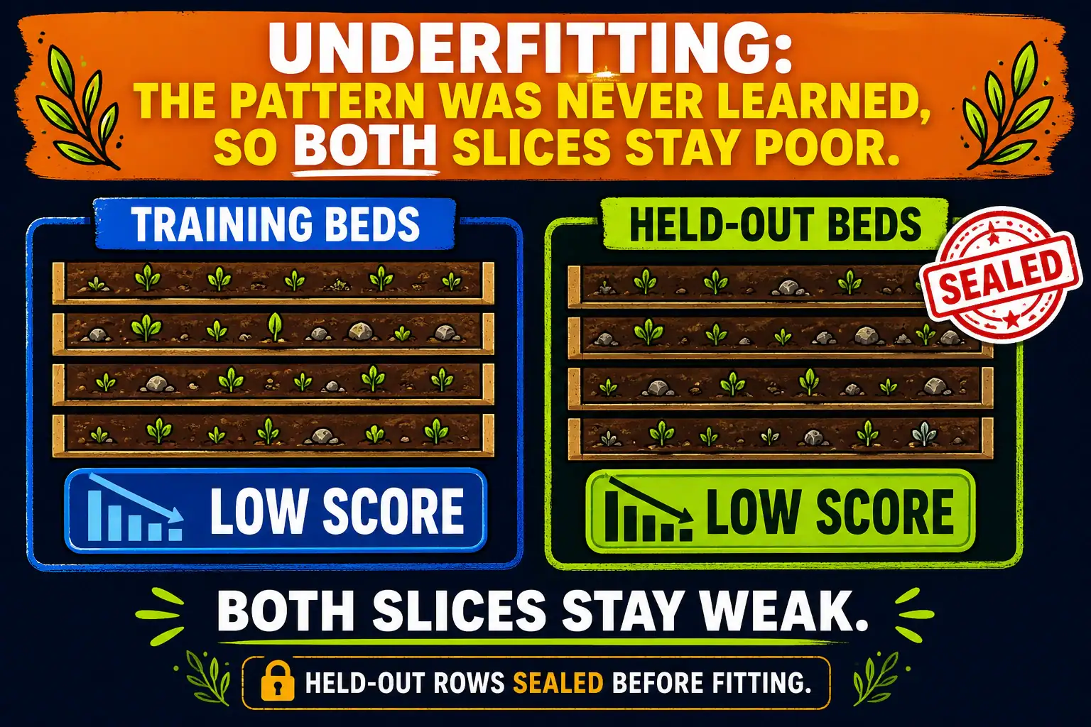 To Create an exciting colorful infographic that explains the concepts in the question: Question: A community-garden soil model is weak on the training beds and still weak on the held-out beds. The held-out rows were sealed before fitting, so they did not leak into training. What is the team seeing? Correct Answer: Underfitting: the pattern was never learned, so both slices stay poor. Put EVERY visible label in double quotes. No people. No A/B/C/D letters. In one of the four corners put a little "Navy Duck".