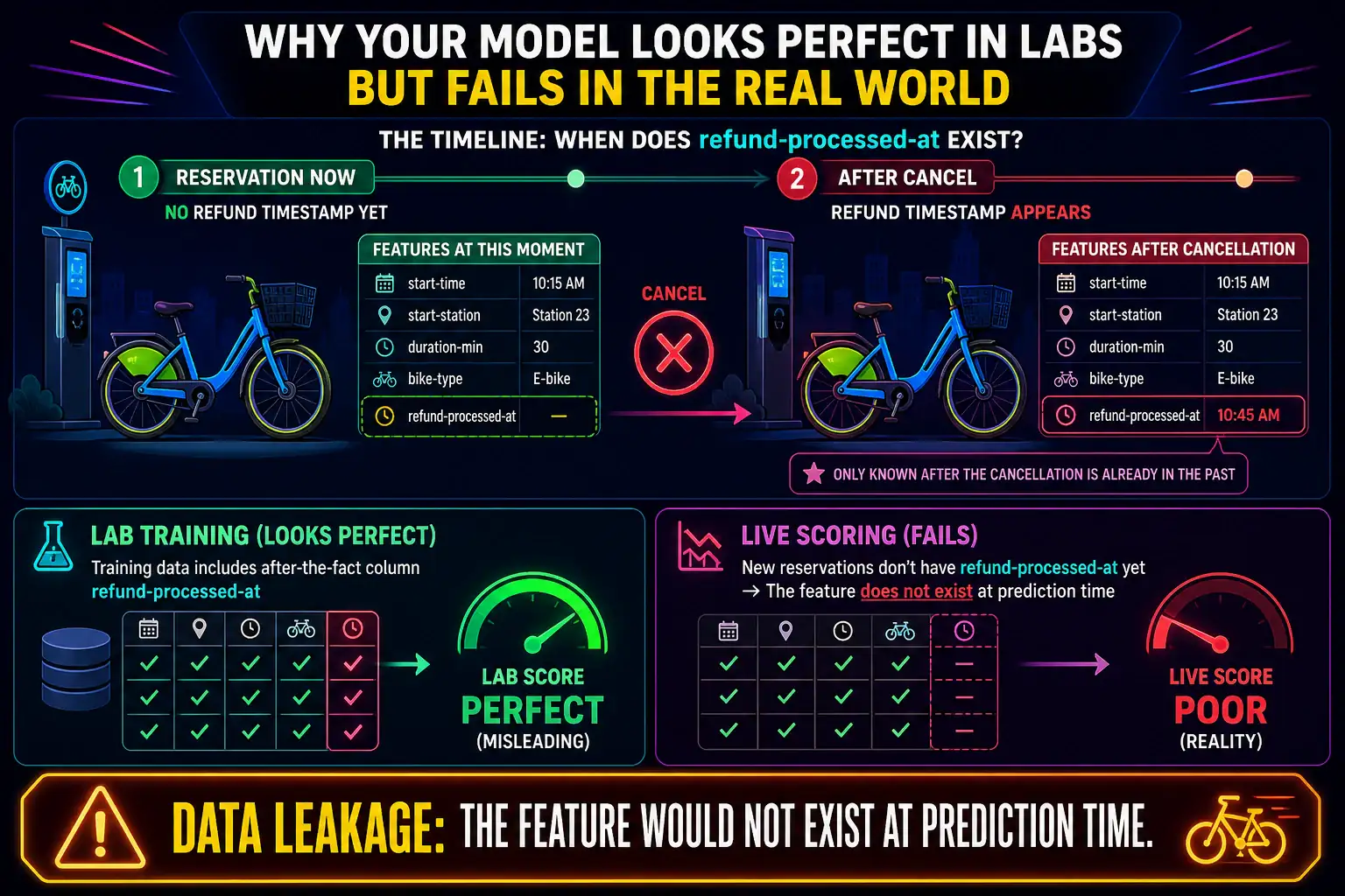 To Create an exciting colorful infographic that explains the concepts in the question: Question: A bike-share cancellation model includes a column named refund-processed-at. That timestamp is written only after a reservation is already canceled. Lab scores look perfect, then new reservations score poorly. What problem is this? Correct Answer: Data leakage: the feature would not exist at prediction time. Put EVERY visible label in double quotes. No people. No A/B/C/D letters. In one of the four corners put a little "Navy Duck".