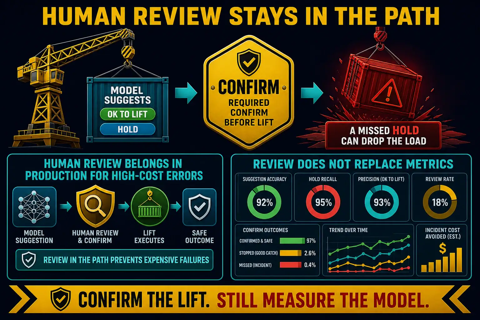To Create an exciting colorful infographic that explains the concepts in the question: Question: A shipyard crane model can suggest ok-to-lift or hold. A missed hold can drop a load, so a rigger must confirm the suggestion before the lift starts. Leadership still wants evaluation metrics on the suggestions. Which statement is correct? Correct Answer: Human review belongs in the production path for high-cost errors and does not replace metrics. Put EVERY visible label in double quotes. No people. No A/B/C/D letters. In one of the four corners put a little "Navy Duck".