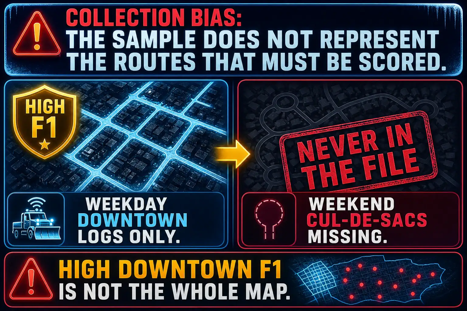To Create an exciting colorful infographic that explains the concepts in the question: Question: A snow-route model was trained only on weekday downtown plow logs because those trucks already had sensors. Weekend residential cul-de-sacs never appear in the file. A high F1 on the downtown slice is being celebrated. What should the team flag first? Correct Answer: Bias introduced during data collection: the sample does not represent the routes that must be scored. Put EVERY visible label in double quotes. No people. No A/B/C/D letters. In one of the four corners put a little "Navy Duck".