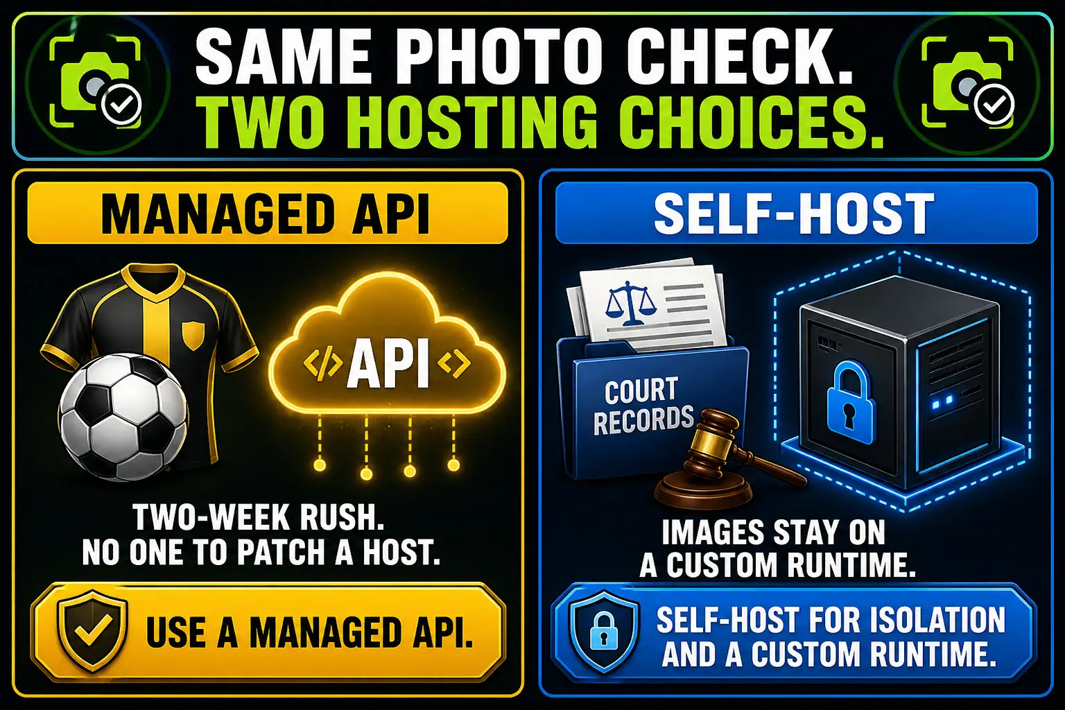 To Create an exciting colorful infographic that explains the concepts in the question: Question: A youth-soccer desk wants photo checks during a two-week registration rush and has no one to patch a model host afterward. A court-records unit needs the same kind of check, but the images must stay on an isolated custom runtime the unit operates. Which pairing is accurate? Correct Answer: The soccer desk should use a managed API. The court unit should self-host for isolation and a custom runtime. Put EVERY visible label in double quotes. No people. No A/B/C/D letters. In one of the four corners put a little "Navy Duck".