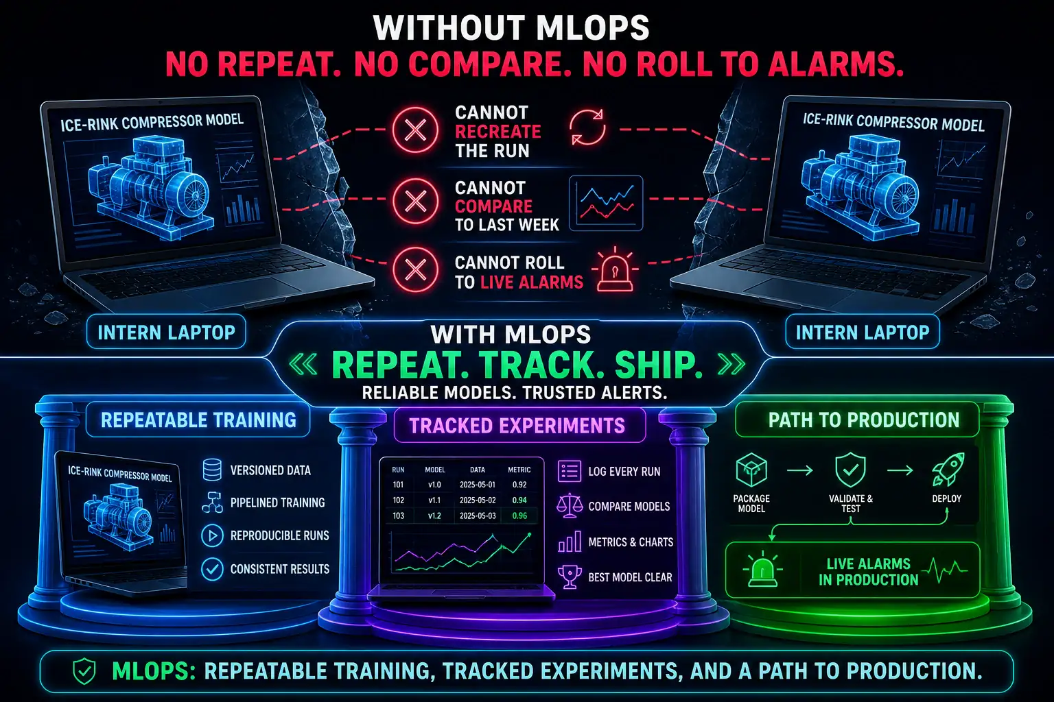 To Create an exciting colorful infographic that explains the concepts in the question: Question: Two interns improved an ice-rink compressor model on their laptops. Nobody can recreate the run, compare it to last week's version, or roll it toward live alarms. Which practice is missing? Correct Answer: MLOps: repeatable training, tracked experiments, and a path to production. Put EVERY visible label in double quotes. No people. No A/B/C/D letters. In one of the four corners put a little "Navy Duck".