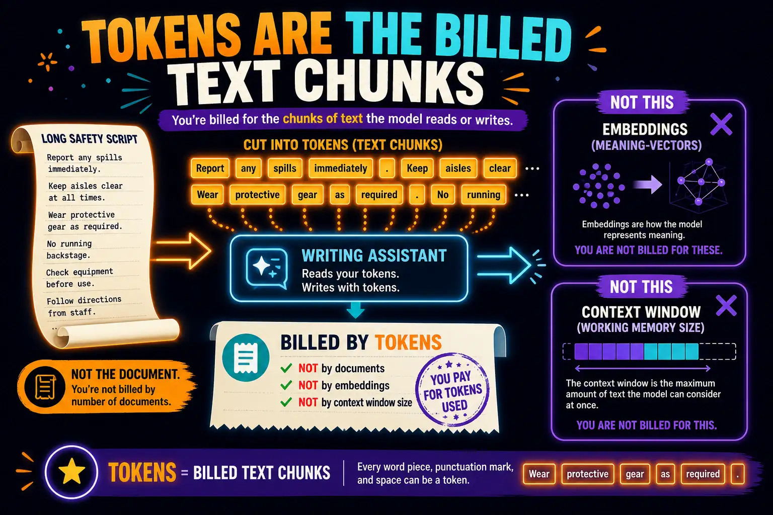 To Create an exciting colorful infographic that explains the concepts in the question: Question: A high-school playbill desk pastes a long safety script into a writing assistant and is billed by pieces of text, not by number of documents. The bill is not counting meaning-vectors and is not the size of the model's working memory. What unit is the desk being billed for? Correct Answer: Tokens, the chunks of text the model reads or writes. Put EVERY visible label in double quotes. No people. No A/B/C/D letters. In one of the four corners put a little "Navy Duck".