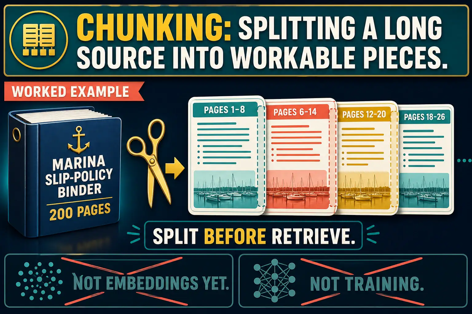 To Create an exciting colorful infographic that explains the concepts in the question: Question: A marina's 200-page slip-policy binder will not fit in one model sitting. Staff split it into overlapping passages before anyone builds a prompt or a retrieval index. They are not training a new model and are not turning the pages into meaning-vectors yet. Which step is this? Correct Answer: Chunking: splitting a long source into workable pieces. Put EVERY visible label in double quotes. No people. No A/B/C/D letters. In one of the four corners put a little "Navy Duck".