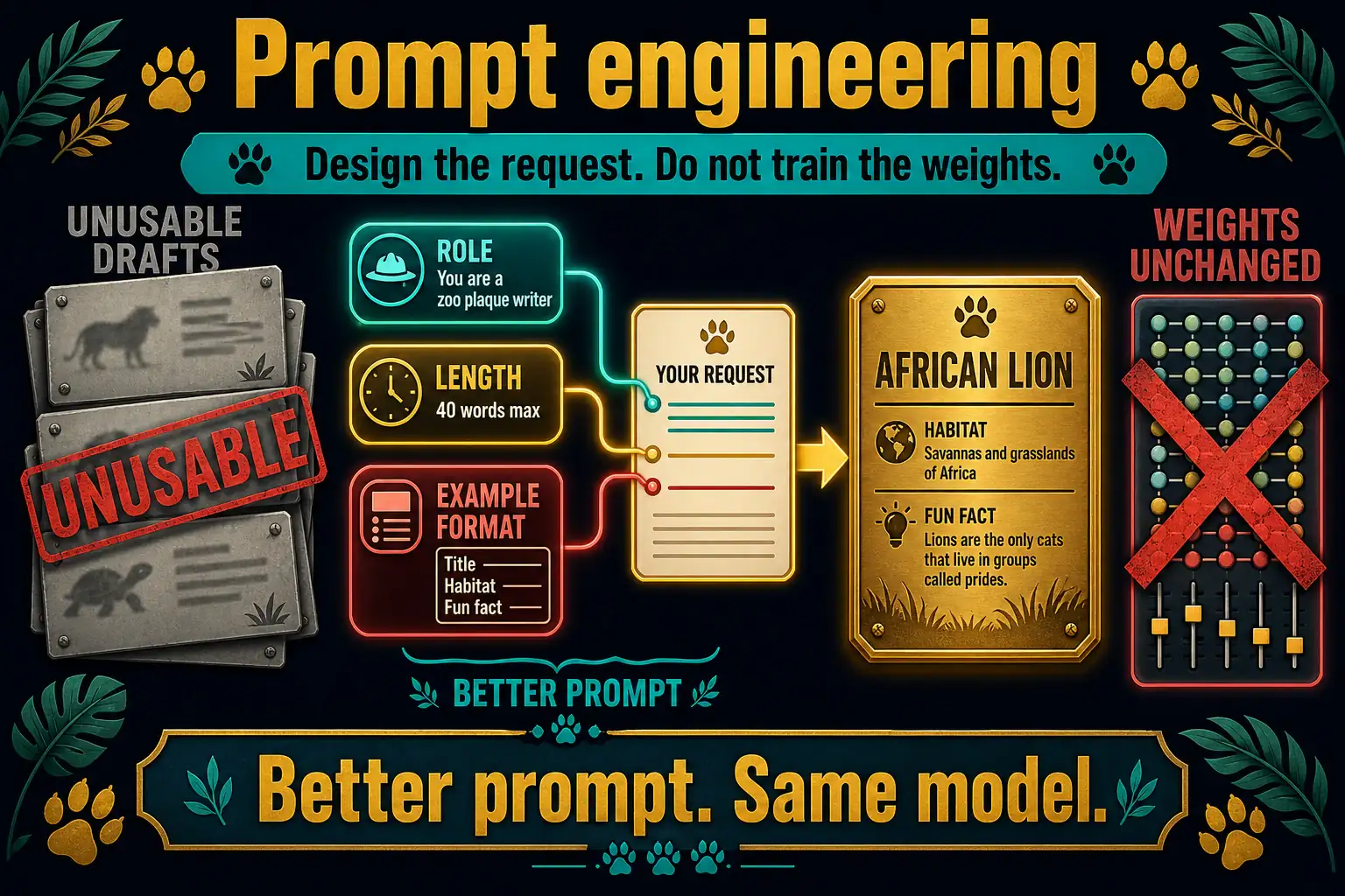 To Create an exciting colorful infographic that explains the concepts in the question: Question: A zoo-sign intern keeps getting unusable plaque drafts until they add a role, a length constraint, and an example of the desired format. They do not change any model weights. Which craft is this? Correct Answer: Prompt engineering: designing the request, not training weights. Put EVERY visible label in double quotes. No people. No A/B/C/D letters. In one of the four corners put a little "Navy Duck".