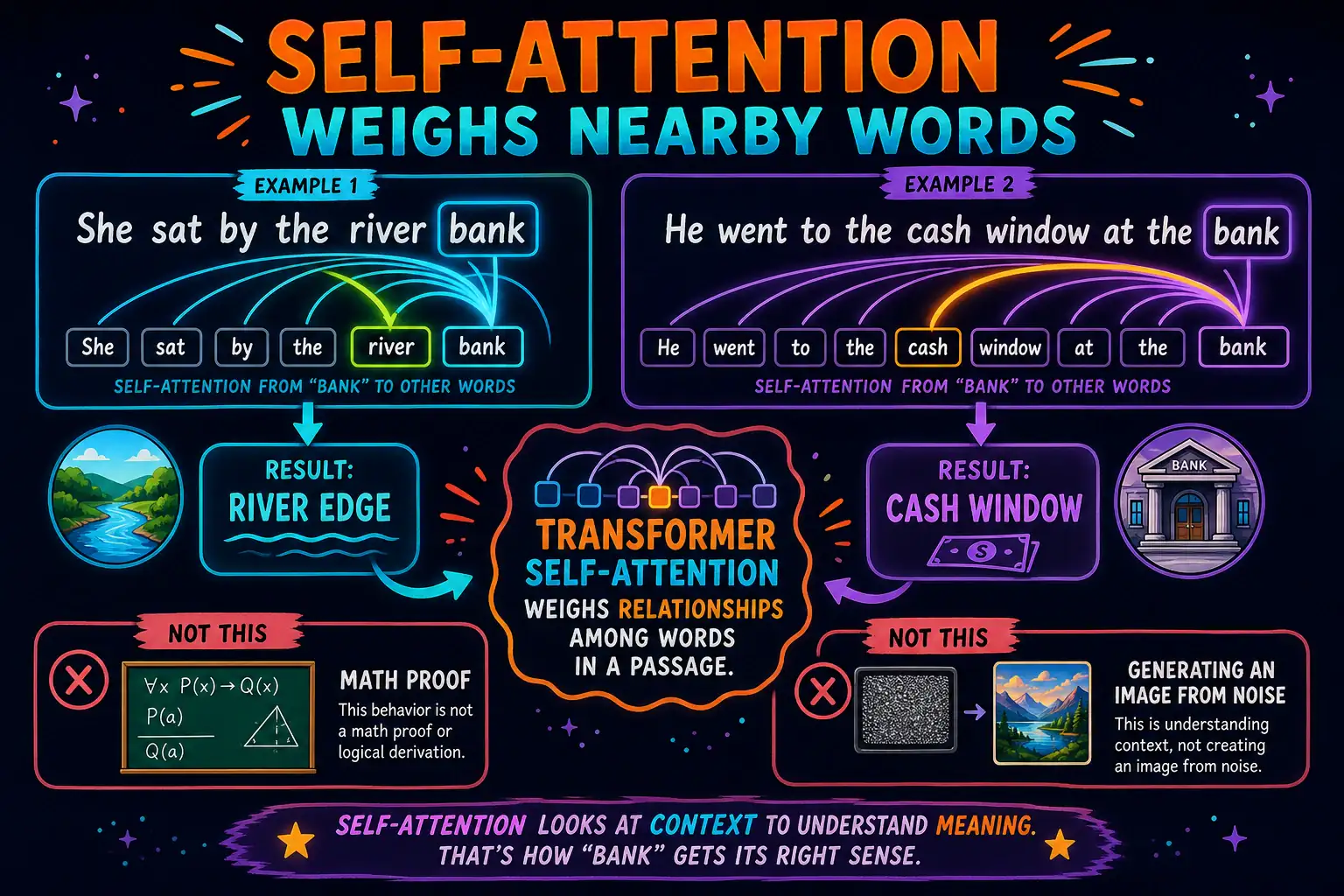 To Create an exciting colorful infographic that explains the concepts in the question: Question: A weekly shopper-paper editor notices that a writing assistant can tell whether bank means a river edge or a cash window by looking at the other words in the same sentence. The editor is not asking for a math proof and is not generating a rival image from noise. Which idea explains that behavior? Correct Answer: A transformer with self-attention, which weighs relationships among words in a passage. Put EVERY visible label in double quotes. No people. No A/B/C/D letters. In one of the four corners put a little "Navy Duck".