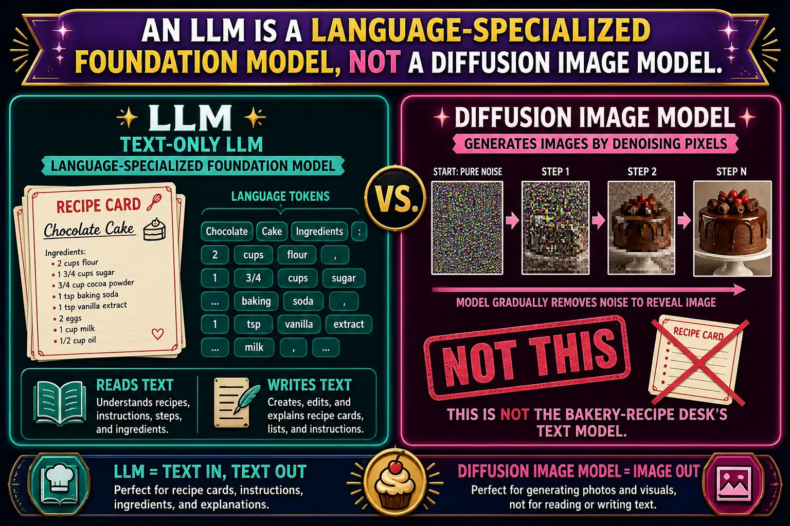 To Create an exciting colorful infographic that explains the concepts in the question: Question: A bakery-recipe desk later buys a model that only reads and writes text at high quality. A designer on the team calls it a diffusion image model. Which statement keeps the names straight? Correct Answer: An LLM is a language-specialized foundation model, not a diffusion image model. Put EVERY visible label in double quotes. No people. No A/B/C/D letters. In one of the four corners put a little "Navy Duck".