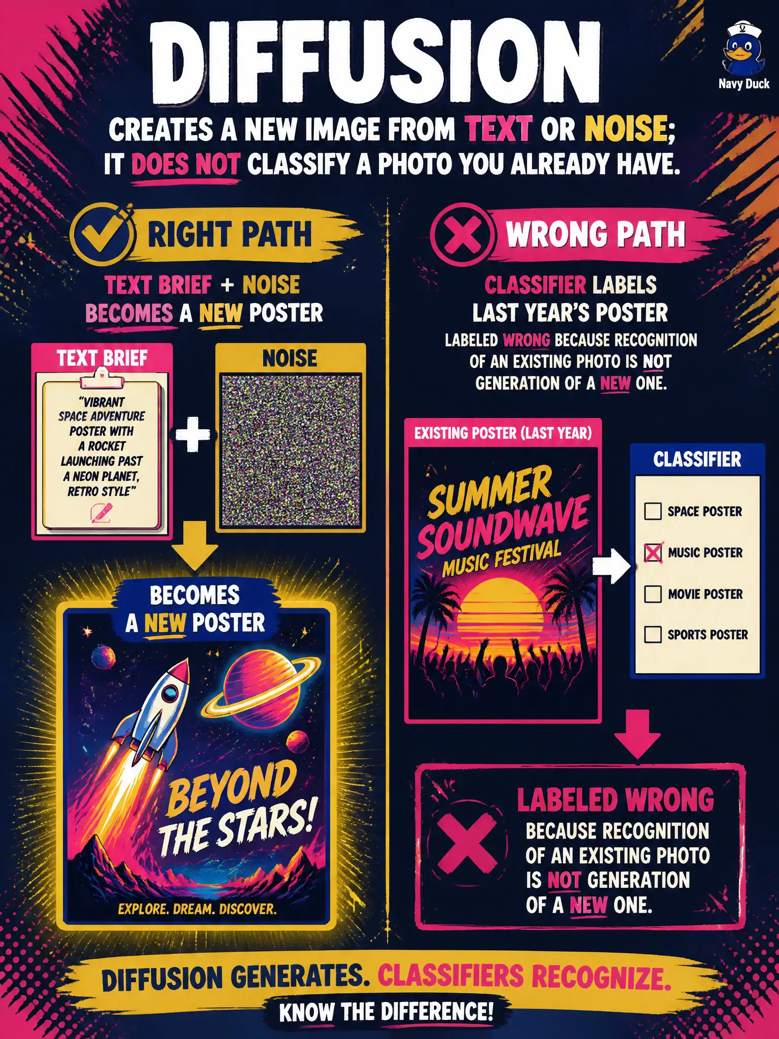 To Create an exciting colorful infographic that explains the concepts in the question: Question: A community-theater shop wants original poster illustrations from a short text description. They already have last year's poster and do not want a class label on that existing photo. Which generative approach fits? Correct Answer: A diffusion-style image generator that creates a new picture from text or noise. Put EVERY visible label in double quotes. No people. No A/B/C/D letters. In one of the four corners put a little "Navy Duck".