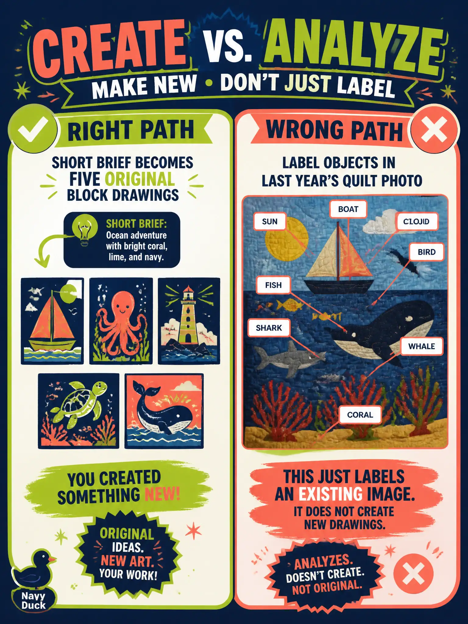 To Create an exciting colorful infographic that explains the concepts in the question: Question: A quilting guild needs five original block drawings from a short brief and has no photo-shoot budget. They are not asking anyone to label the photos of last year's quilt. Which use case is this? Correct Answer: Image generation: create a new picture. Put EVERY visible label in double quotes. No people. No A/B/C/D letters. In one of the four corners put a little "Navy Duck".