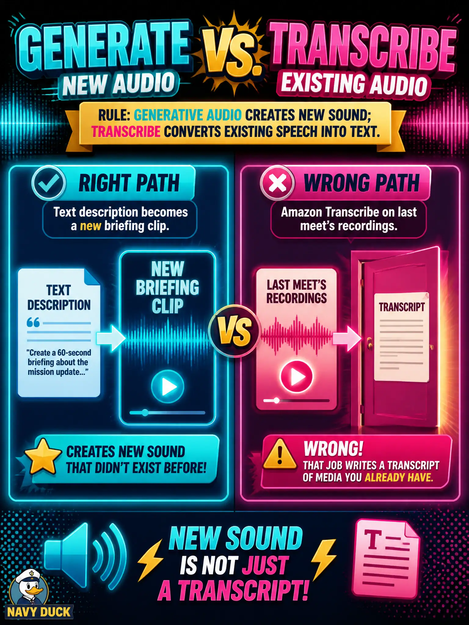 To Create an exciting colorful infographic that explains the concepts in the question: Question: A swim club wants a short original lane-briefing audio clip from a text description. They already have last meet's recordings and do not want those files turned into a transcript. Which use case is this? Correct Answer: Generative audio: create new spoken or musical media. Put EVERY visible label in double quotes. No people. No A/B/C/D letters. In one of the four corners put a little "Navy Duck".