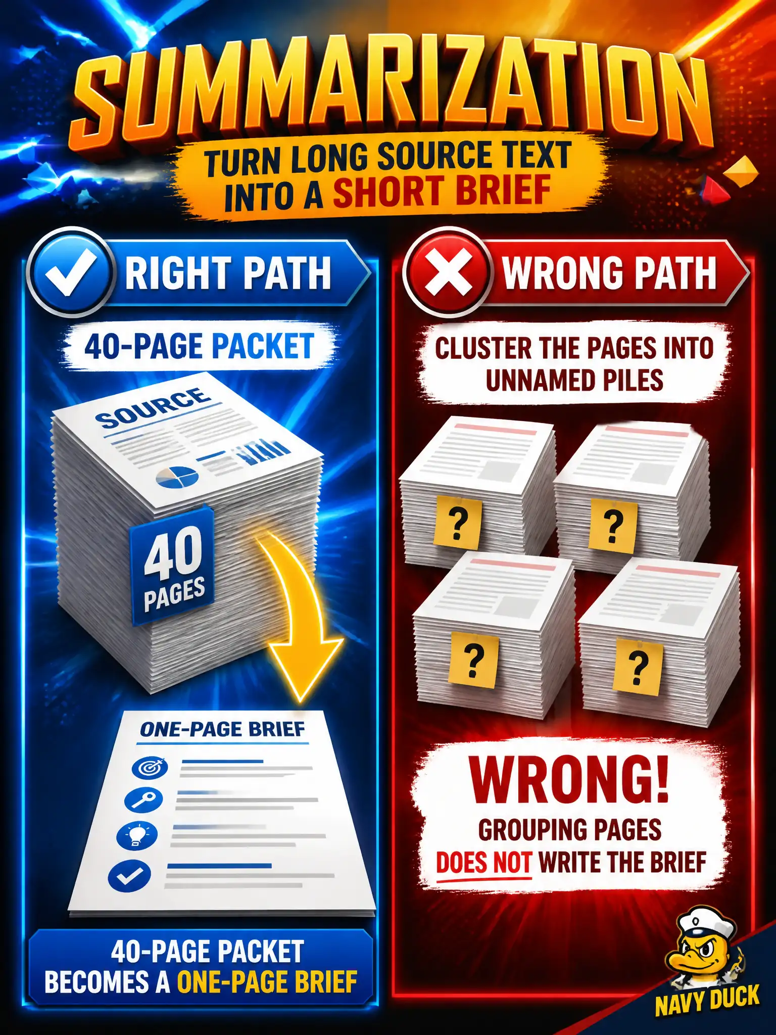 To Create an exciting colorful infographic that explains the concepts in the question: Question: A school-board facilities packet is 40 pages. Supervisors want a one-page brief they can read in the parking lot. They do not want the pages grouped into unlabeled piles and they do not want a new illustration of the building. Which use case is this? Correct Answer: Summarization of long source text into a short brief. Put EVERY visible label in double quotes. No people. No A/B/C/D letters. In one of the four corners put a little "Navy Duck".