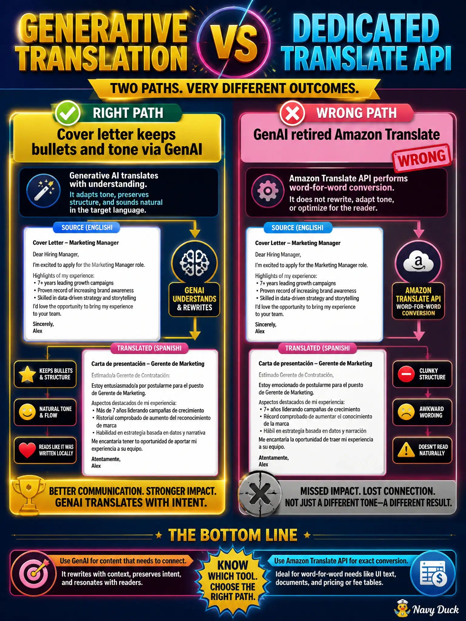 To Create an exciting colorful infographic that explains the concepts in the question: Question: A marina needs a Spanish cover letter that keeps the original bullet structure and tone of an English slip notice. A separate job will convert the legal fee table word-for-word with a dedicated translation service. Which statement is accurate? Correct Answer: The cover letter can be a generative translation use case; Amazon Translate remains the dedicated service for straight language conversion. Put EVERY visible label in double quotes. No people. No A/B/C/D letters. In one of the four corners put a little "Navy Duck".