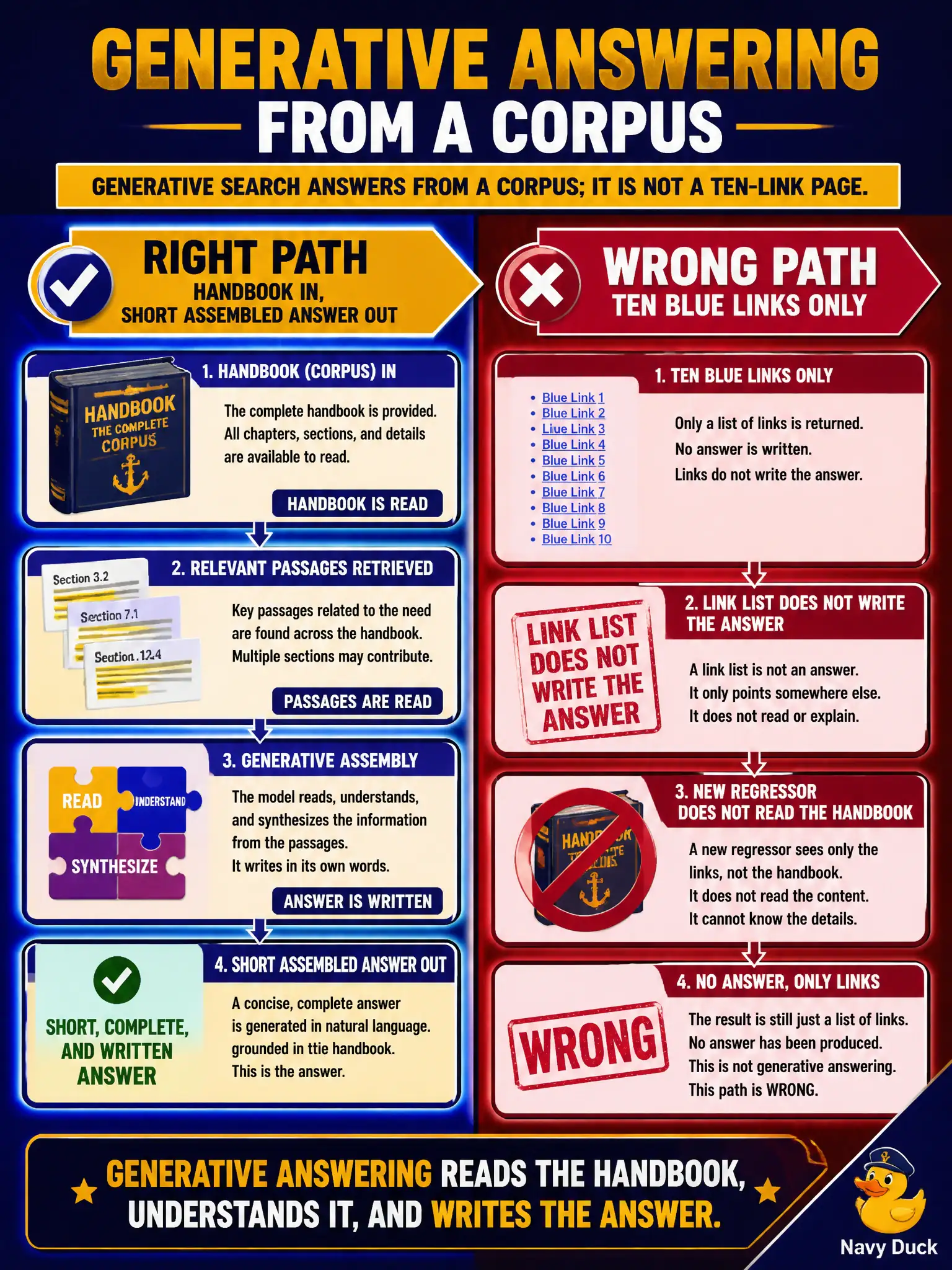 To Create an exciting colorful infographic that explains the concepts in the question: Question: An orchestra librarian types a question and wants a short answer assembled from the instrument-loan handbook, not a page of ten blue links and not a new numeric predictor. Which use case is this? Correct Answer: Generative answering from an existing corpus. Put EVERY visible label in double quotes. No people. No A/B/C/D letters. In one of the four corners put a little "Navy Duck".
