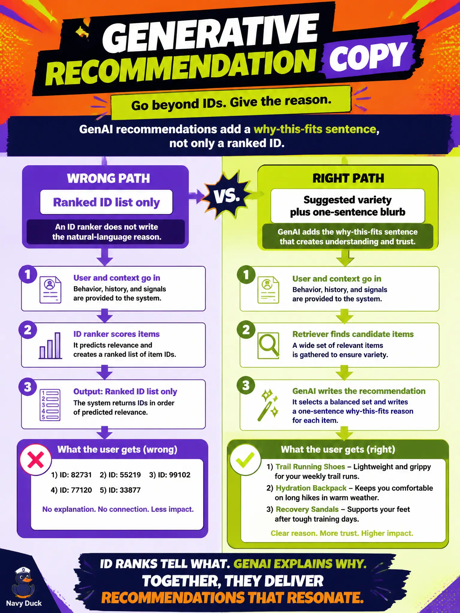 To Create an exciting colorful infographic that explains the concepts in the question: Question: A community seed library wants each suggested variety to arrive with a one-sentence why this fits you blurb, not only a ranked ID list from a classical recommender. Which use case is this? Correct Answer: Generative recommendations that add natural-language copy to the suggestions. Put EVERY visible label in double quotes. No people. No A/B/C/D letters. In one of the four corners put a little "Navy Duck".