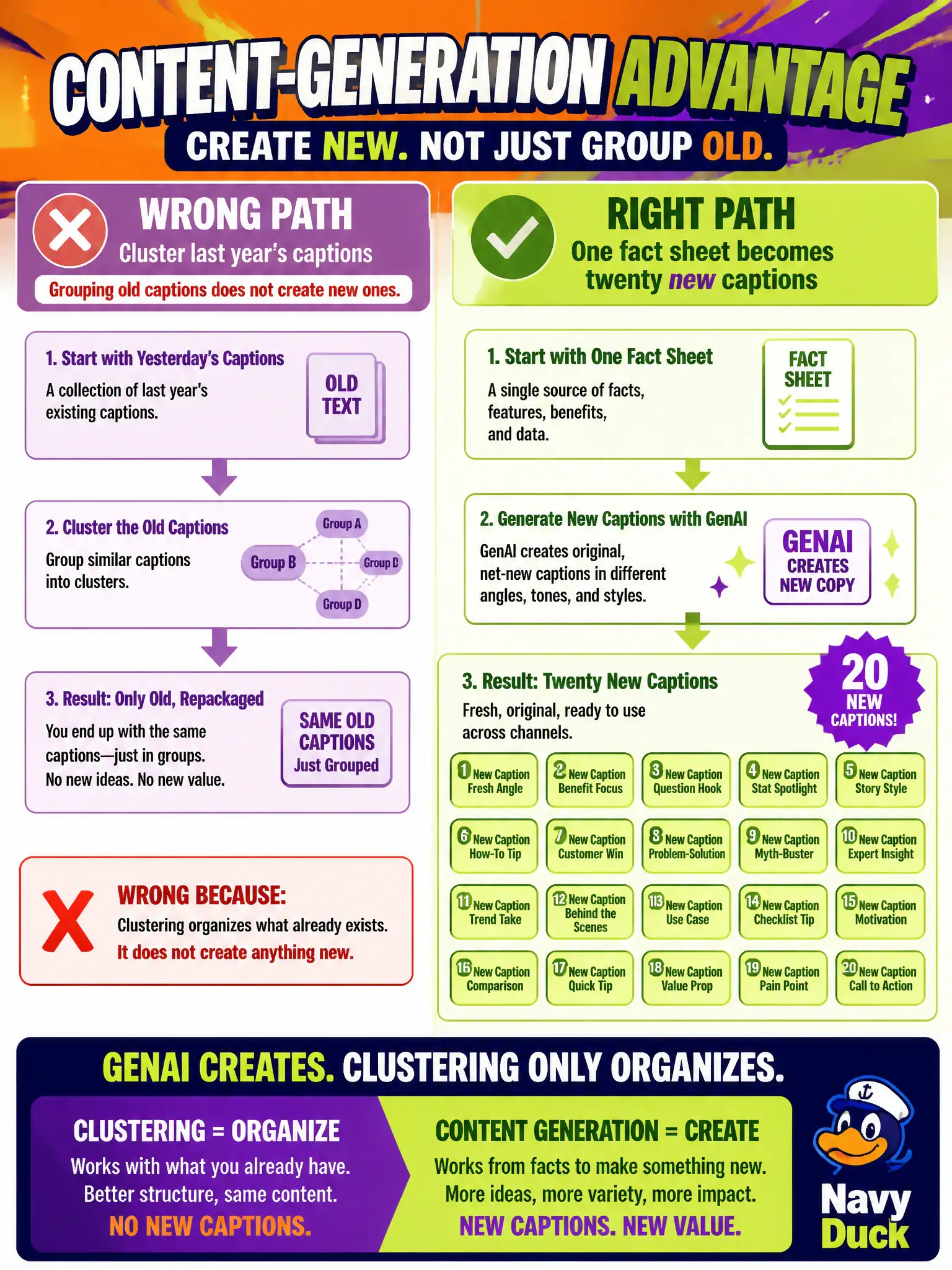 To Create an exciting colorful infographic that explains the concepts in the question: Question: A quilting guild needs twenty original social captions from one fabric fact sheet. They are not asking anyone to group last year's captions into unlabeled piles. Which advantage is this? Correct Answer: Content generation: creating net-new copy from patterns in the fact sheet. Put EVERY visible label in double quotes. No people. No A/B/C/D letters. In one of the four corners put a little "Navy Duck".