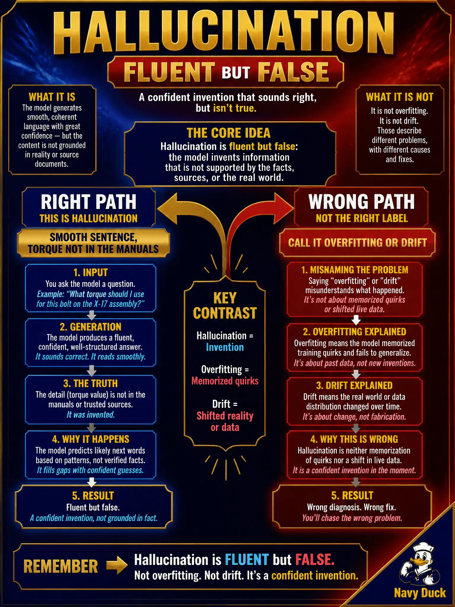 To Create an exciting colorful infographic that explains the concepts in the question: Question: A locksmith chatbot invents a plausible cylinder torque that never appears in the shop manuals. The sentence reads fluently. The manuals did not drift, and the model is not being scored on a twelve-row training set. What limitation is this? Correct Answer: Hallucination: fluent but false content. Put EVERY visible label in double quotes. No people. No A/B/C/D letters. In one of the four corners put a little "Navy Duck".