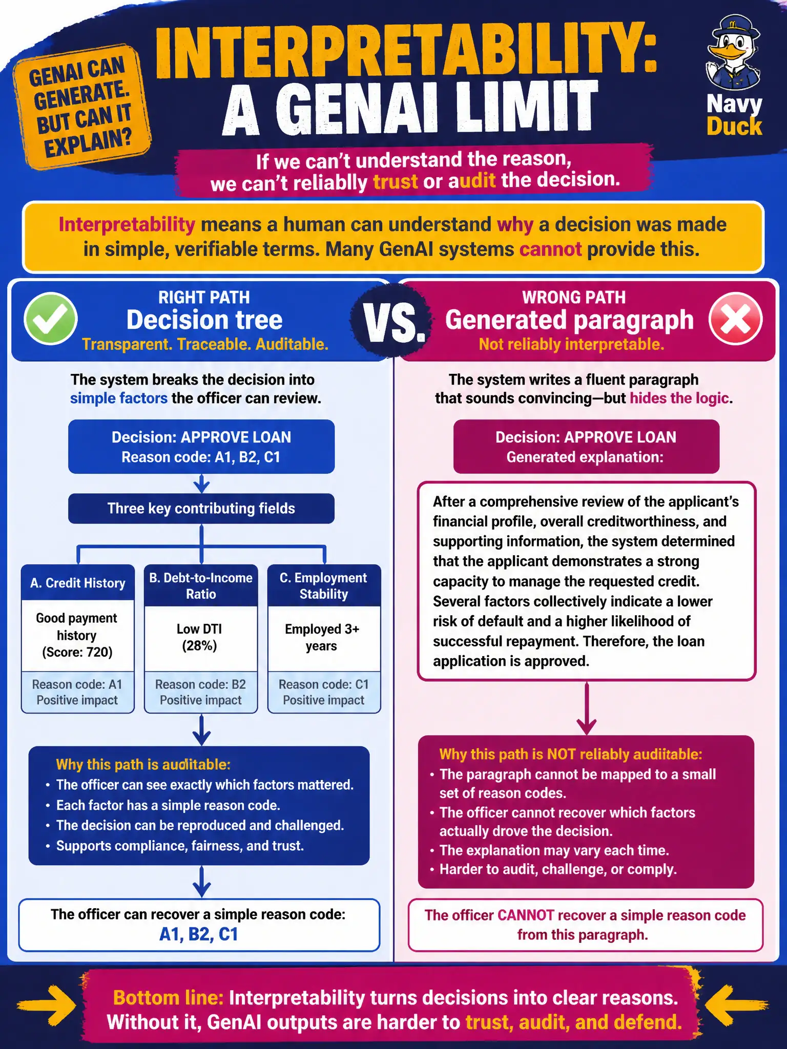 To Create an exciting colorful infographic that explains the concepts in the question: Question: A fire-grant officer cannot list the three fields that caused a generated deny this hose request paragraph the way they could with a small decision tree. Which GenAI limitation is this? Correct Answer: Weak interpretability: no simple, auditable reason code. Put EVERY visible label in double quotes. No people. No A/B/C/D letters. In one of the four corners put a little "Navy Duck".