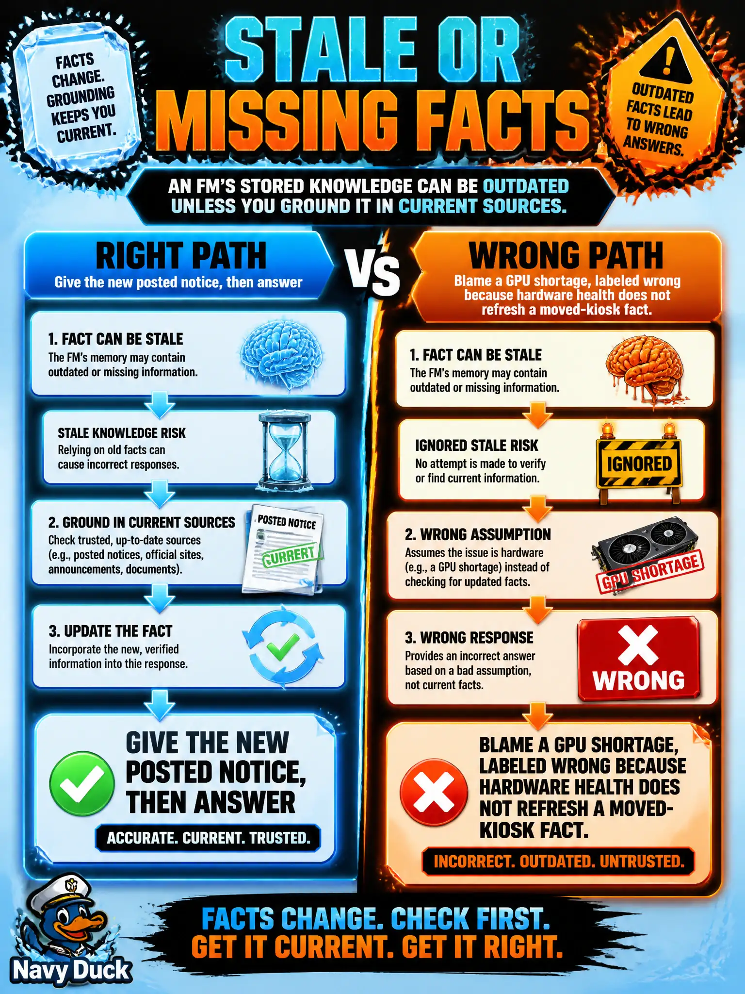 To Create an exciting colorful infographic that explains the concepts in the question: Question: A parks assistant still describes last year's trailhead kiosk after the county moved it. The new location is in a posted notice the model was not given. The lab GPUs are healthy. Which limitation is this? Correct Answer: Stale or missing facts: parametric knowledge can be outdated unless grounded. Put EVERY visible label in double quotes. No people. No A/B/C/D letters. In one of the four corners put a little "Navy Duck".