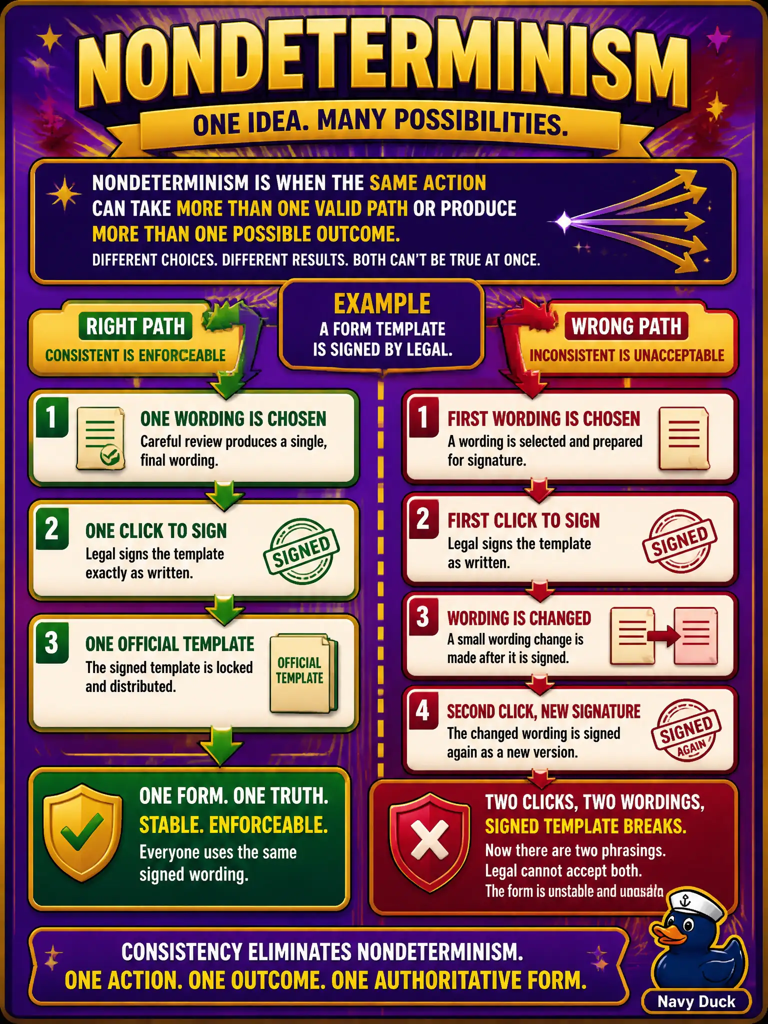 To Create an exciting colorful infographic that explains the concepts in the question: Question: The same school-board facilities prompt yields two different phrasings on two clicks and breaks a reply template legal already signed. Which limitation is this? Correct Answer: Nondeterminism: the same prompt can produce different wording across runs. Put EVERY visible label in double quotes. No people. No A/B/C/D letters. In one of the four corners put a little "Navy Duck".