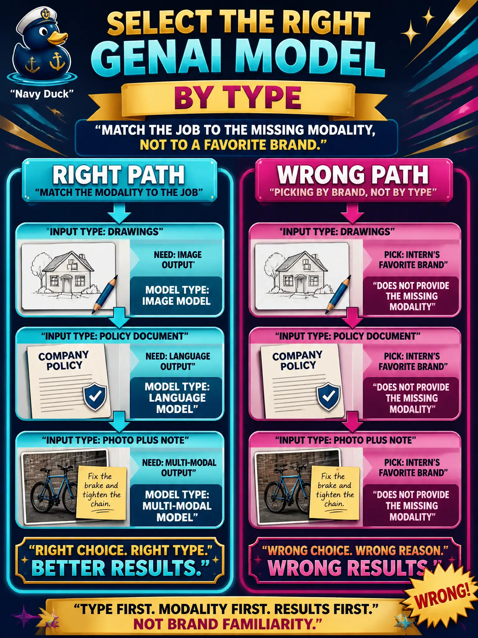 To Create an exciting colorful infographic that explains the concepts in the question: Question: A quilting shop needs original block drawings. A school-board clerk needs long-form policy prose. A bicycle-share depot needs one model that accepts a wheel photo plus a typed note. A vendor says pick whichever brand the intern already likes. How should the team choose? Correct Answer: Match an image model, a language model, and a multi-modal model to those three jobs. Put EVERY visible label in double quotes. No people. No A/B/C/D letters. In one of the four corners put a little "Navy Duck".
